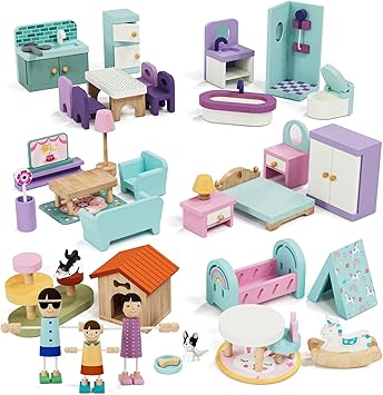 Lehoo Castle Wooden Dollhouse Furniture Set 39 Pcs with 5 Rooms, Family Dolls & Pets, All-Wooden Doll House Accessories and Furniture, Pretend Play Dollhouse Accessories Toy Gift for Kids 3+