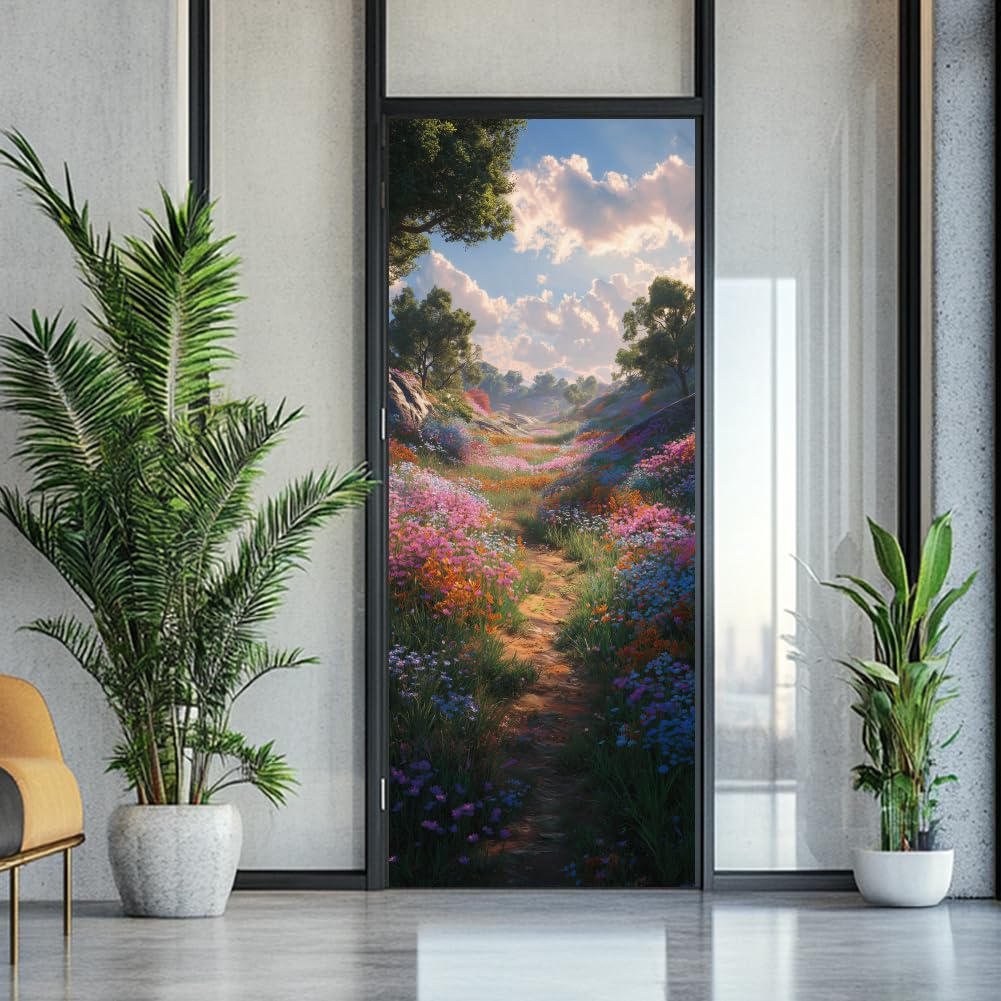 arricraft 2 fogli autoadesivi per porta, 80 cm x 200 cm, motivo fiori di campo, adesivi per porta, in PVC, rimovibili, decorazione per camera da letto e soggiorno