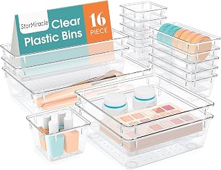 16 PCS Drawer Organizer Set, 5 Varied Size Bathroom and kitchen Drawer cabinet organizer Trays, Clear Storage Bins for Makeup, Jewelry, Utensils and Gadgets