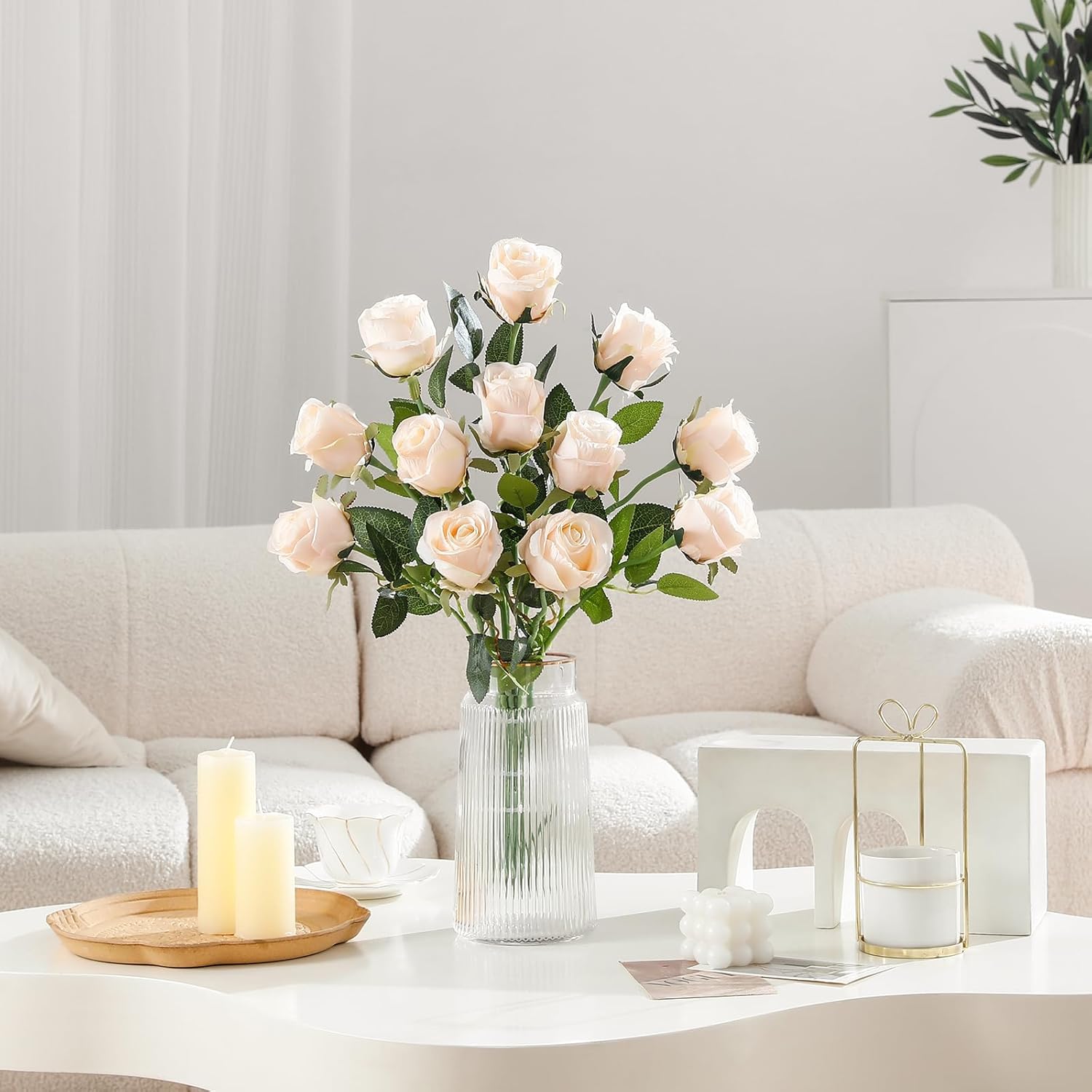 12pcs Cream White Roses Artificial Flowers – Realistic Silk Velvet Fake Flowers with Long Stems for Valentines Day Wedding Bouquets Home Decor Party Centrepieces & DIY Floral Arrangements