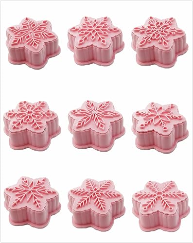 Miniatura 7 de Juego de 9 patrones de sellos de galletas de copo de nieve 3D, plástico de grado alimenticio, 6 ramas con forma de copos de nieve, cortadores de