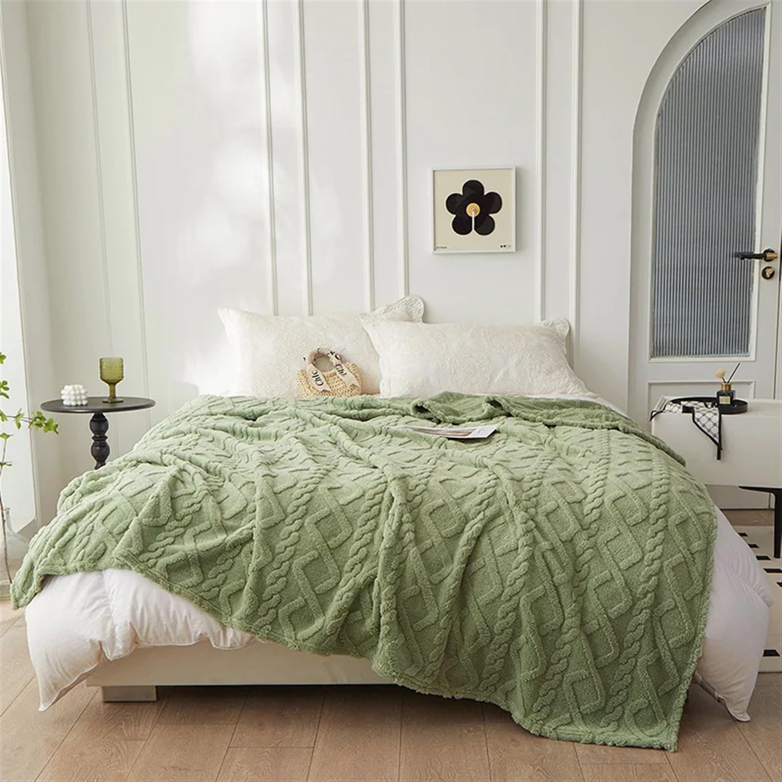 Manta de franela de doble cara gruesa y suave para sofá y cama, manta verde salvia para invierno, acogedora funda de cama, 180 x 200 cm