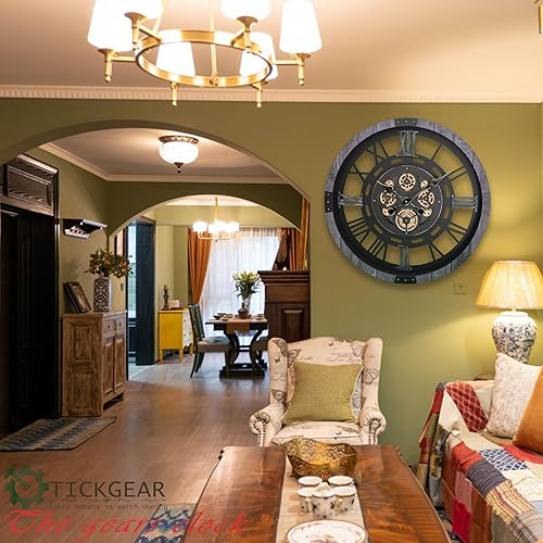 Miniatura 6 de TICKGEAR Moving Gear - Reloj de pared grande original de 21 pulgadas, funciona con pilas, estilo vintage industrial steampunk rústico rústico