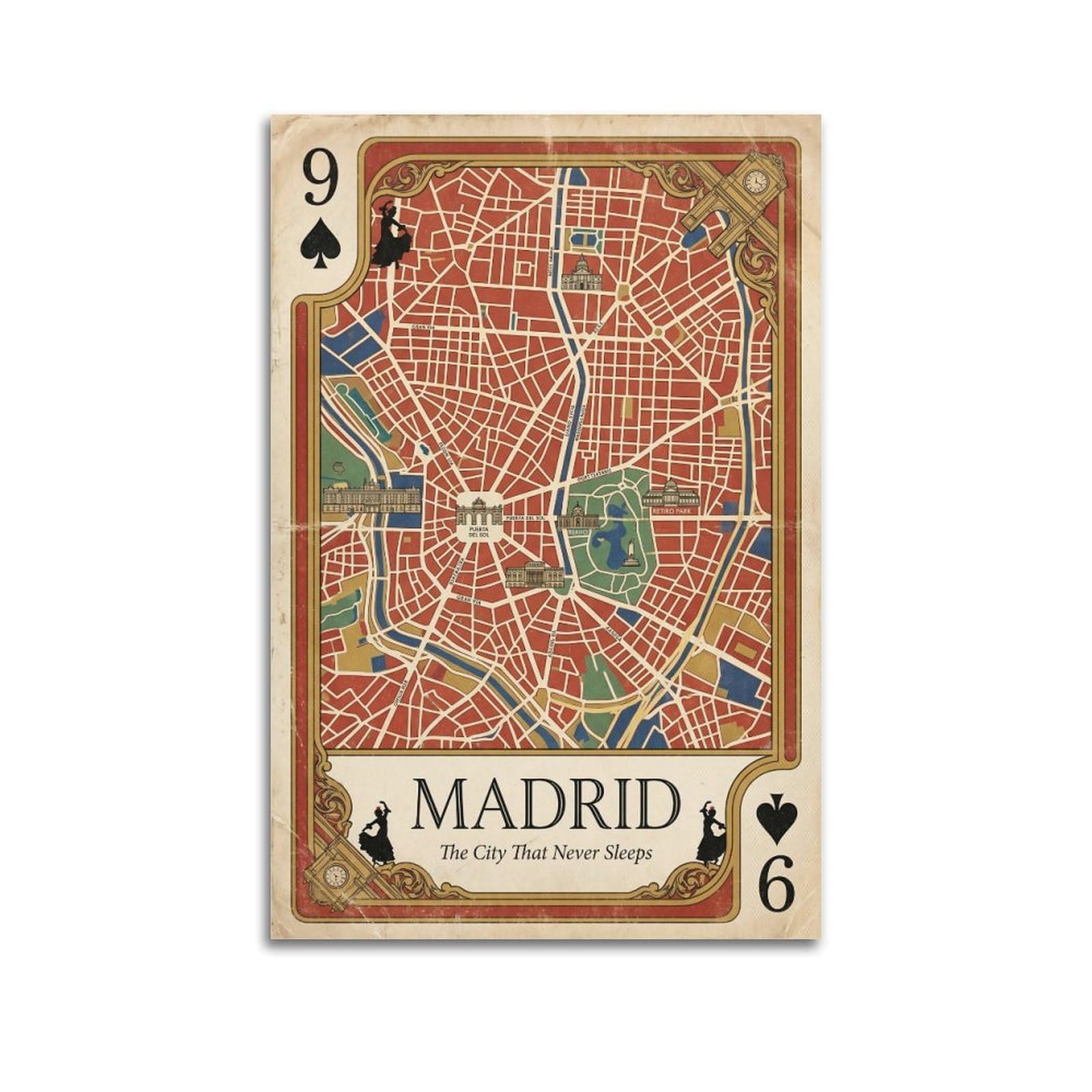OKNGB Vintage City Map Poster Madrid Royal City Spain Playing Card Style Decorative Painting Canvas Art Picture 24x36inch(60x90cm)