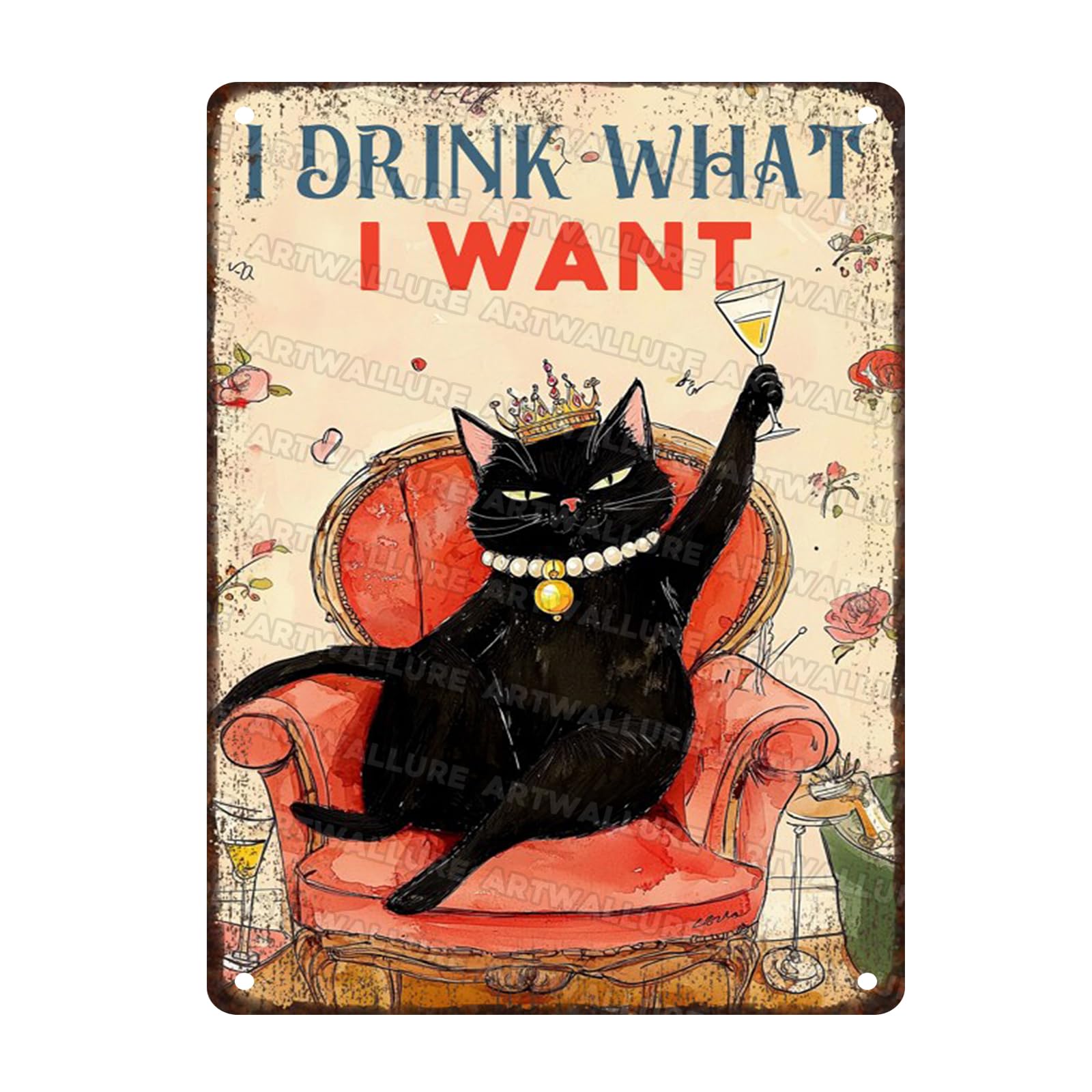 Black Cat Queen Metal Tin Sign I Drink What I Want Retro Wall Art for Home Bar Cafe Rustic Decor 12x16inch