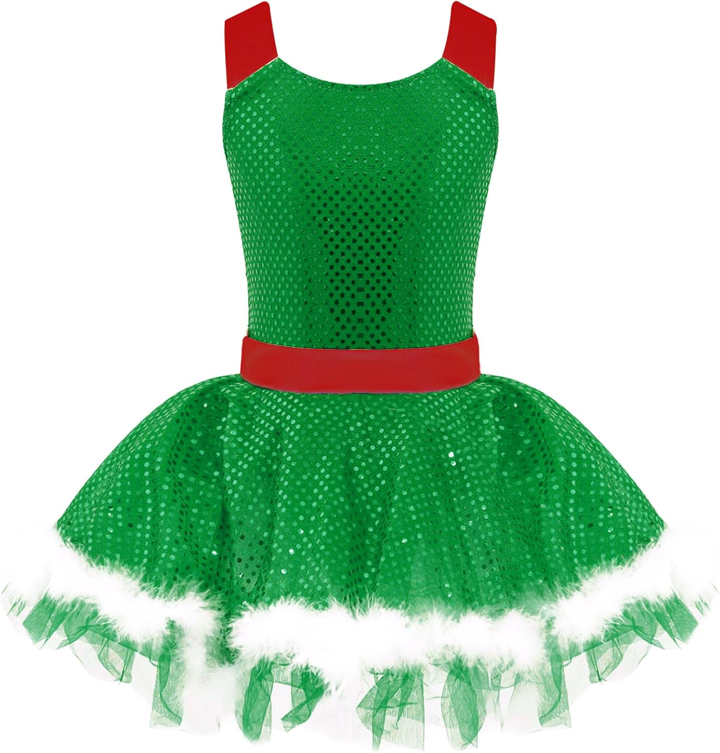 Kids Girls Sleeveless Sequins Tutu Dress Leotard Figure Ice Skating Dress Christmas Ballet Dance Costumes