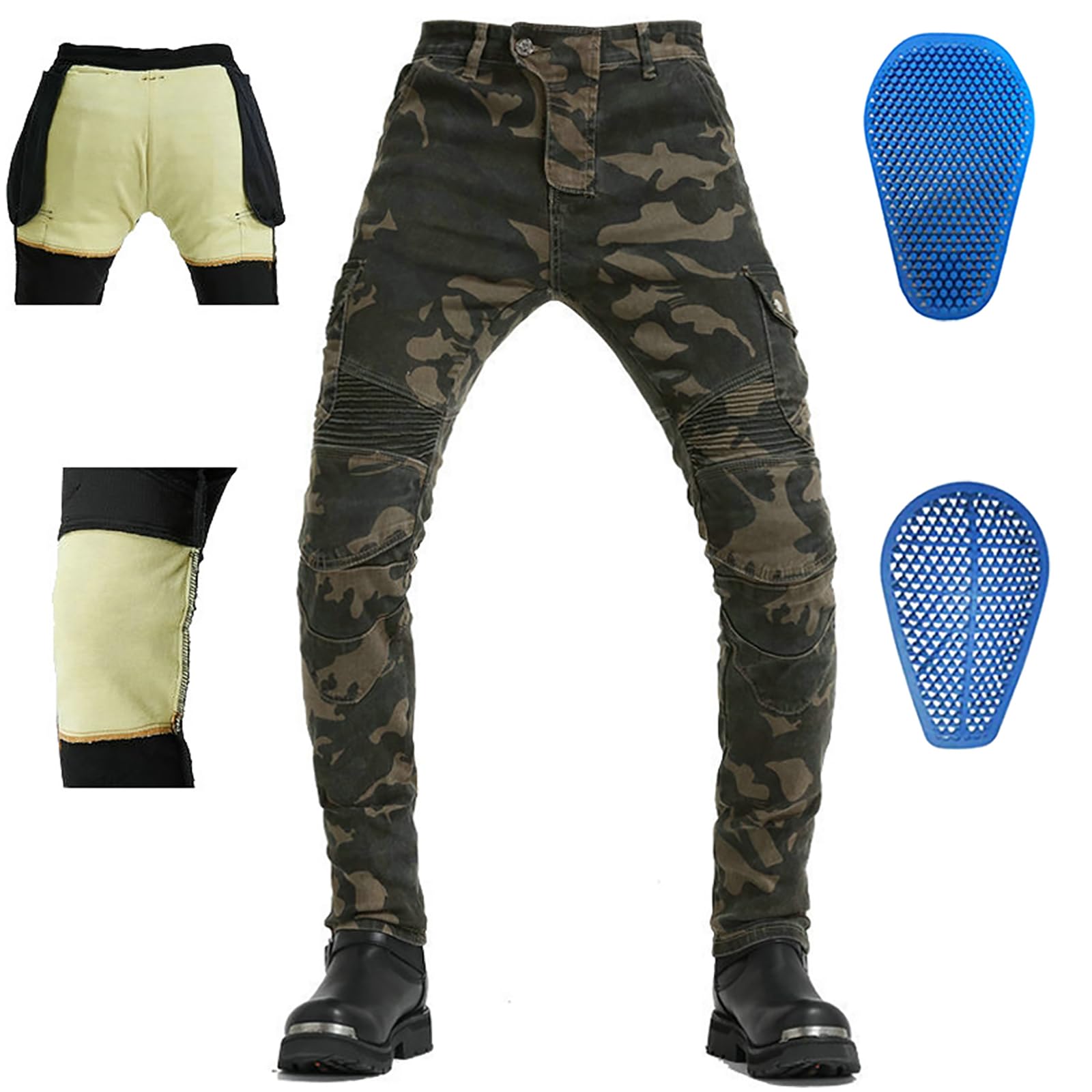 LOMENG Motorcycle Riding Jeans Wear-Resistant Motorbike Racing Pants with CE Knee Hip Removable Armored for Men Camo 36