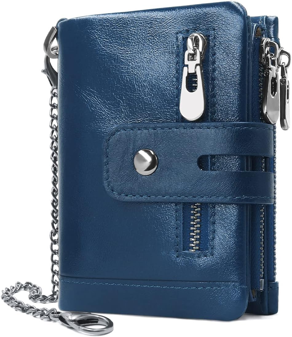 Ladies Leather Purse RFID Blocking Women's Wallet Multiple Compartment Zipper Coin Purse and 16 Card Slots Bifold Leather Lady Wallet with Chain,Small Womens Purses Leather