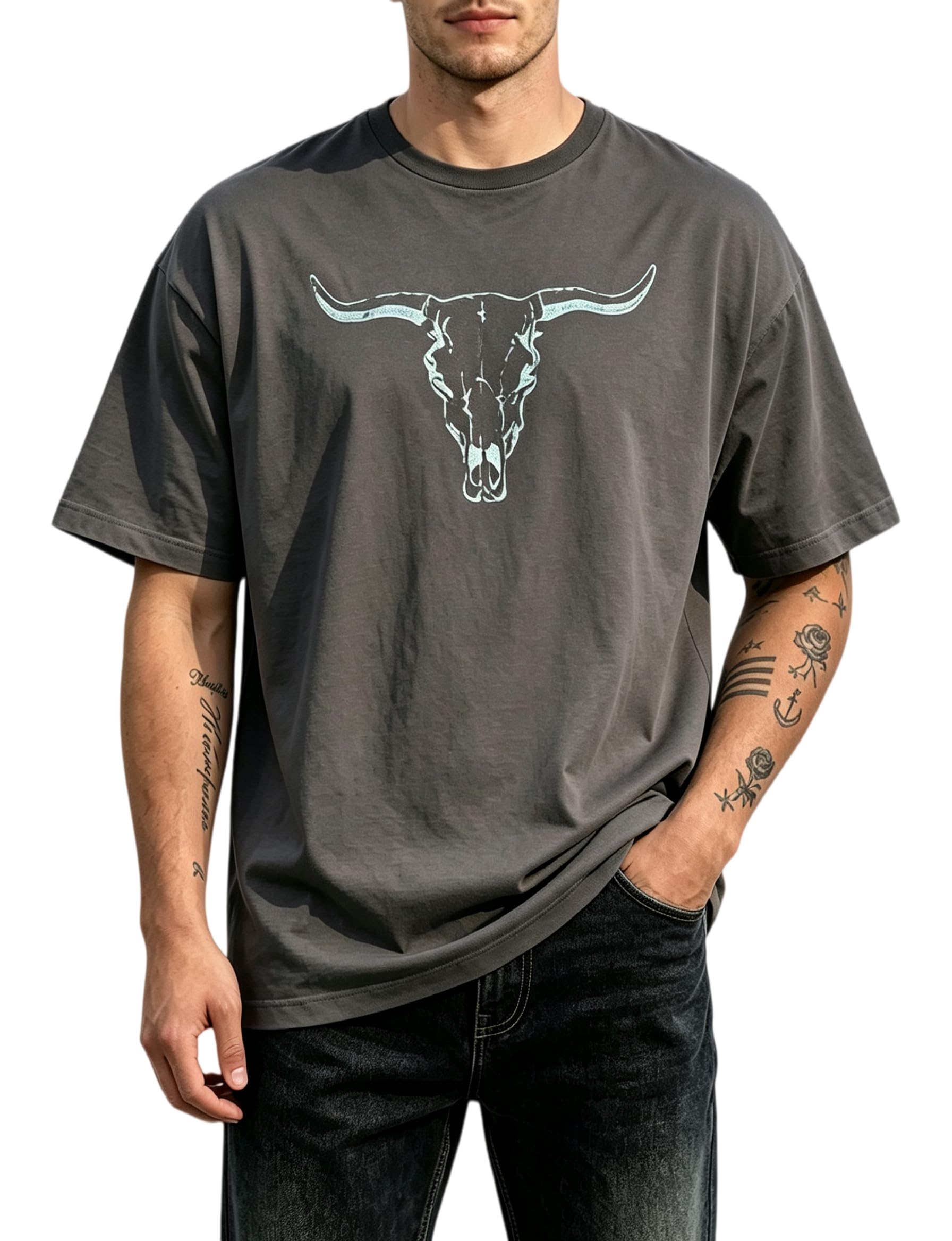Western Shirts for Men Cowboy Shirt Boho Cow Skull Graphic Tees Rodeo Outfit Western Tshi…