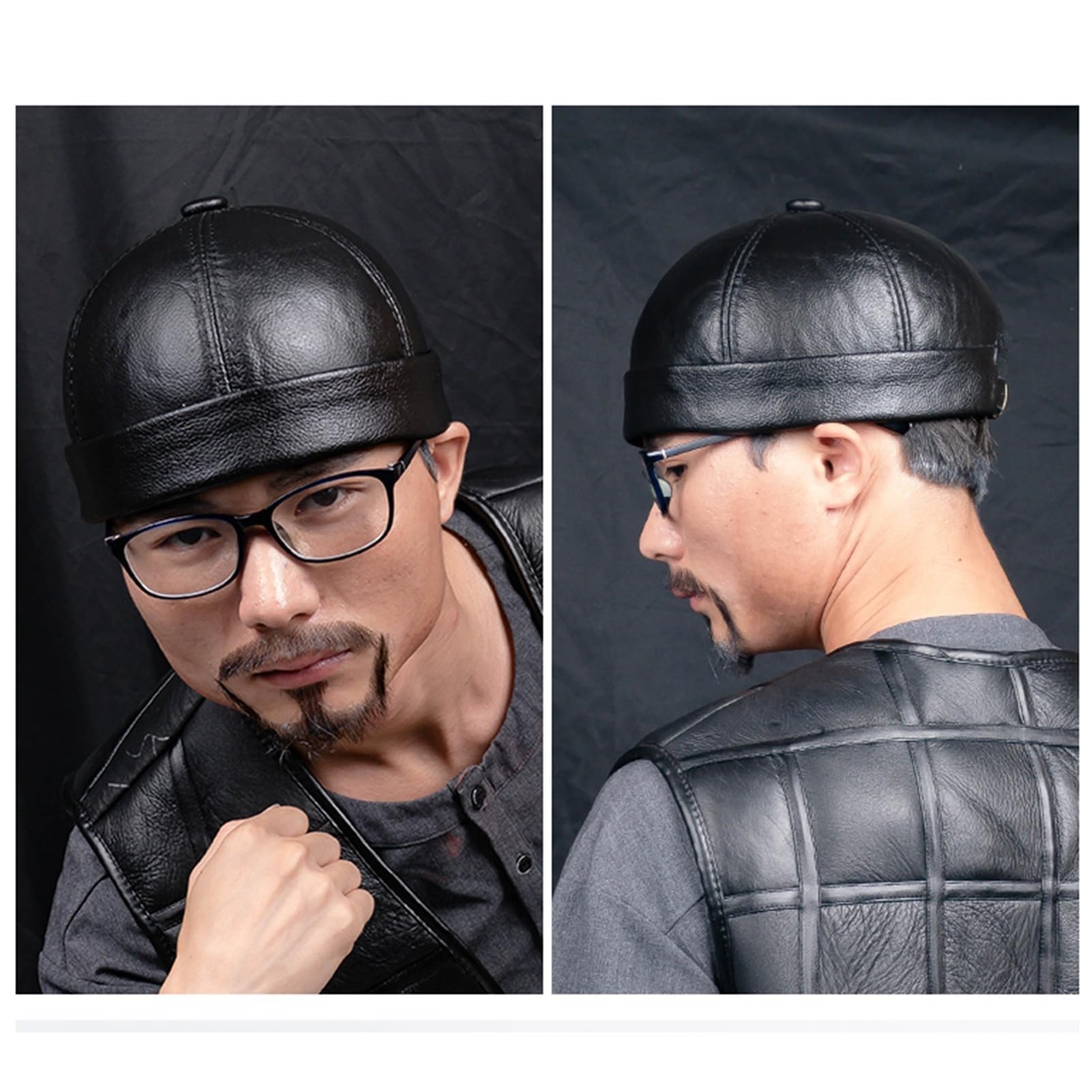 Vnook Herren-Lederhüte, Echtleder-Docker-Beanie-Mütze, Arbeiter, Seemann, Randlose Kappe, Gerollte Manschette, Retro Ohne Krempe Echtes Leder Caps
