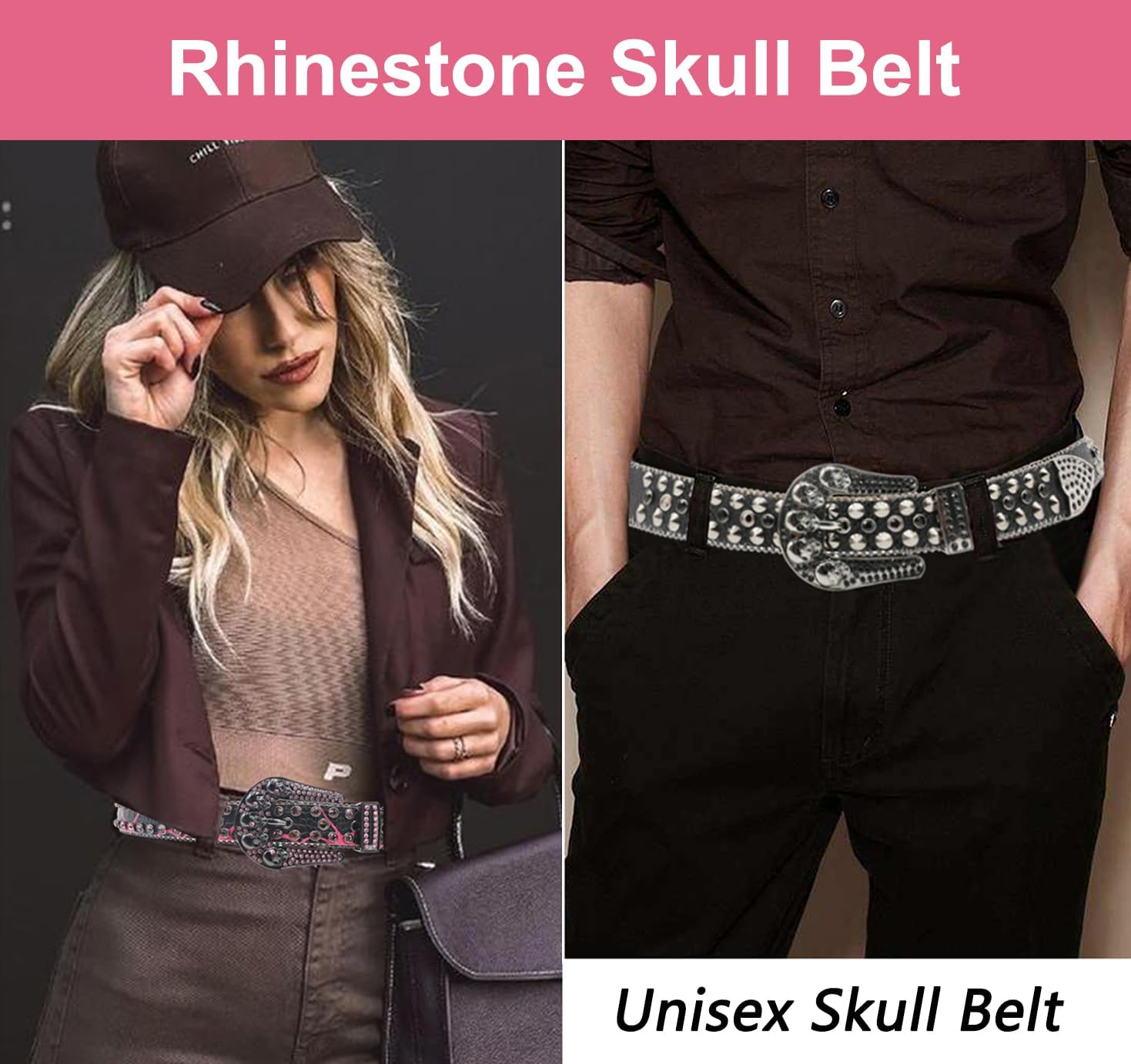 Rhinestone Skull Belt Skull Studded Belt Men Women Bling Punk Belts Y2k Rhinestone Western Cowgirl Belts - Image 5