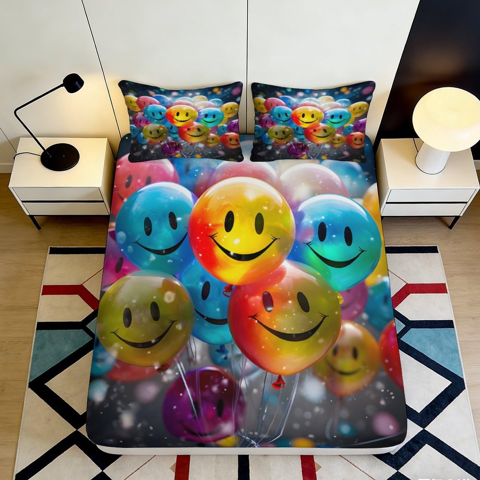 3D Printed Colorful Smiley Balloons Fitted Sheet Microfiber Soft Breathable Happy Balloon Mattress Cover for Bedroom Dormitory Guest Room Mattress Protection 140x200x25cm