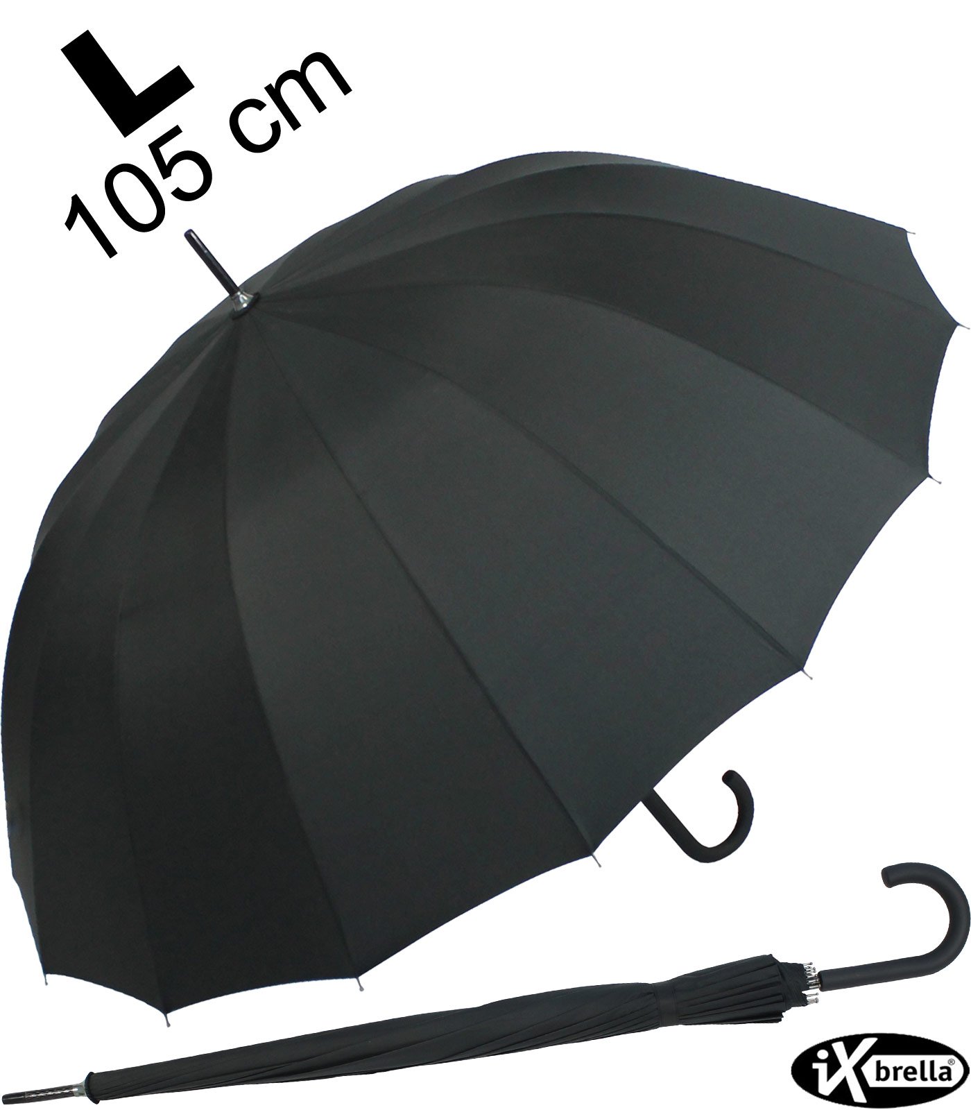 iX Brella Ombrello a bastone, 16 stecche, in full-fiber, con apertura automatica, super stabile, colore nero, nero (Nero) - 84001