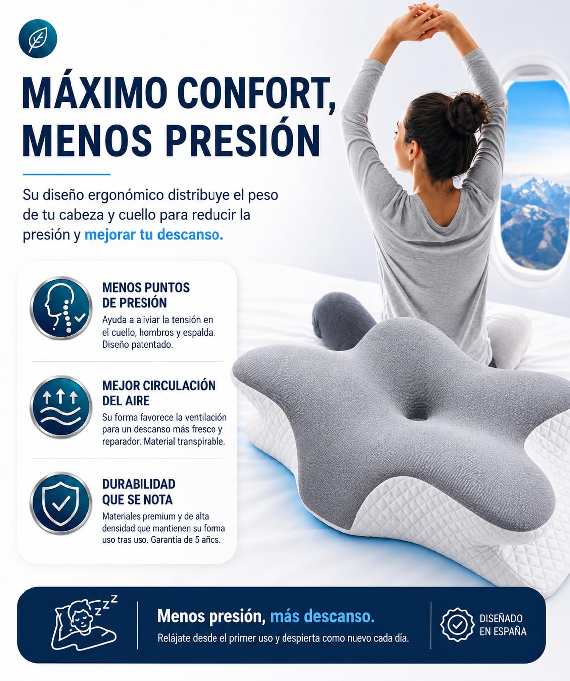 Almohada Japonesa para Dormir, Almohada Cervicales y Cuello Viscoelástica, Mariposa Memory Foam Ergonómica para Cuello y Nuca, con Bolsa y Antifaz