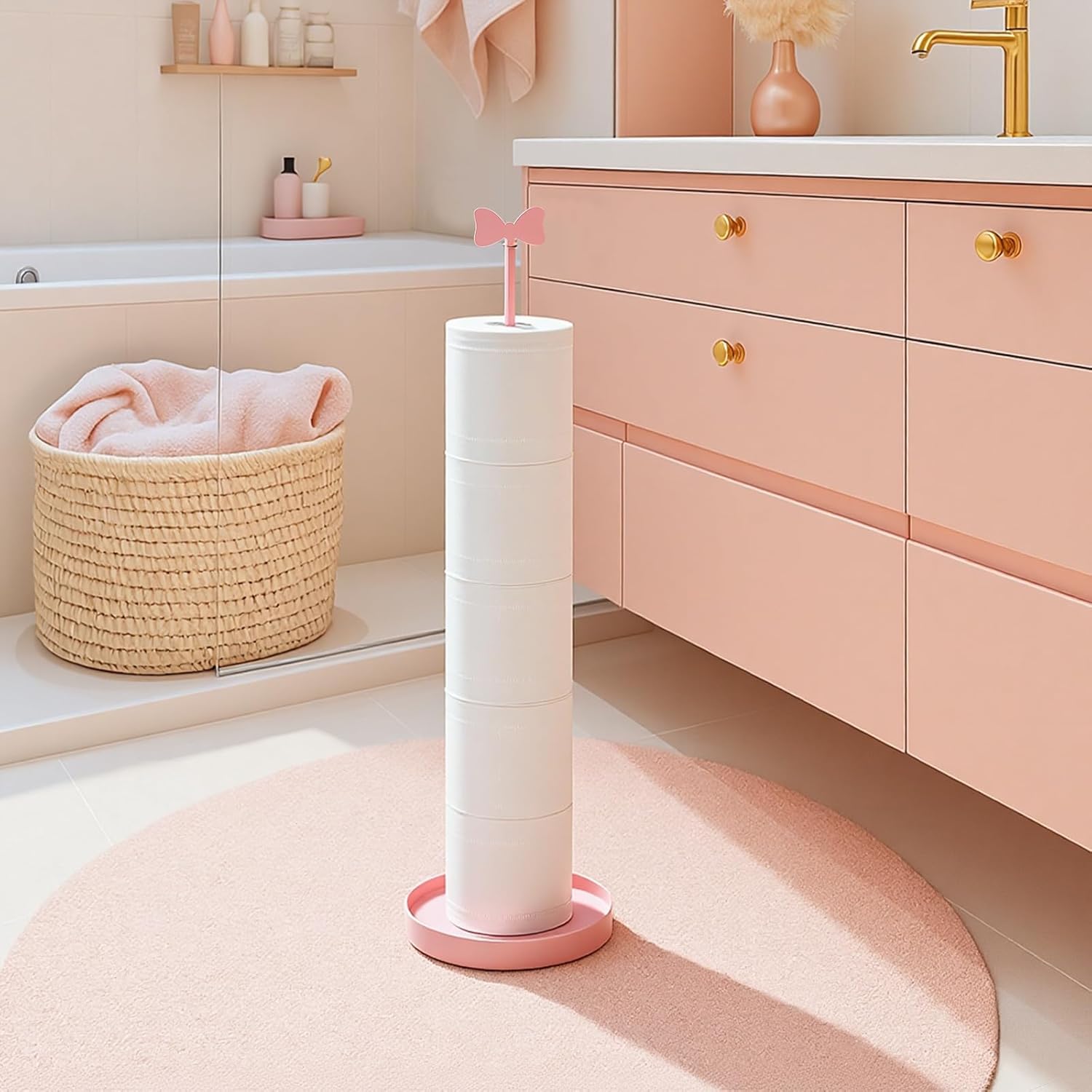 Sawysine Pink Bow Toilet Paper Holder Metal Cute Heavy Duty Toilet Paper Roll Storage Freestanding with Reserve Function Coquettish Bathroom Decoration Height 23.62