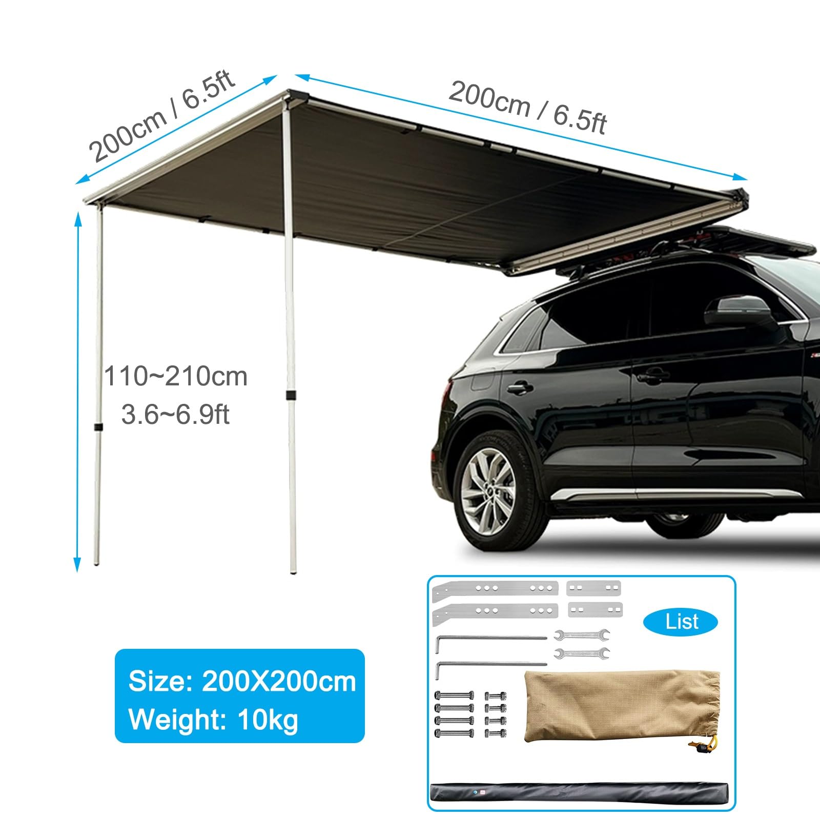 Markiza Pojazdu, Wysuwana Markiza Boczna Na Dachu Samochodu, Namioty Dachowe do Samochodów Kempingowych, SUV-ów, Ciężarówek I Vanów (Color : Upgraded version, Size : 200x200cm)