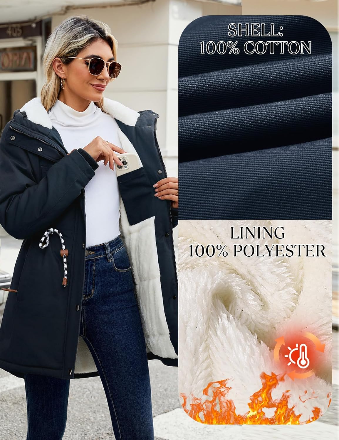 Women's Winter Fleece Lined Sherpa Parka Jacket Warm Thicken Fuzzy Hooded Down Coat Casual Plush Drawstring Outerwear - Image 5