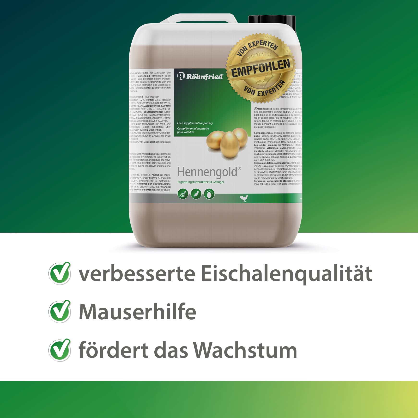 Röhnfried Hennengold 5000 ml I vermindert Brucheier & Federfressen I unterstützt Federwachstum & Federkleid I für Hühner & anderes Geflügel