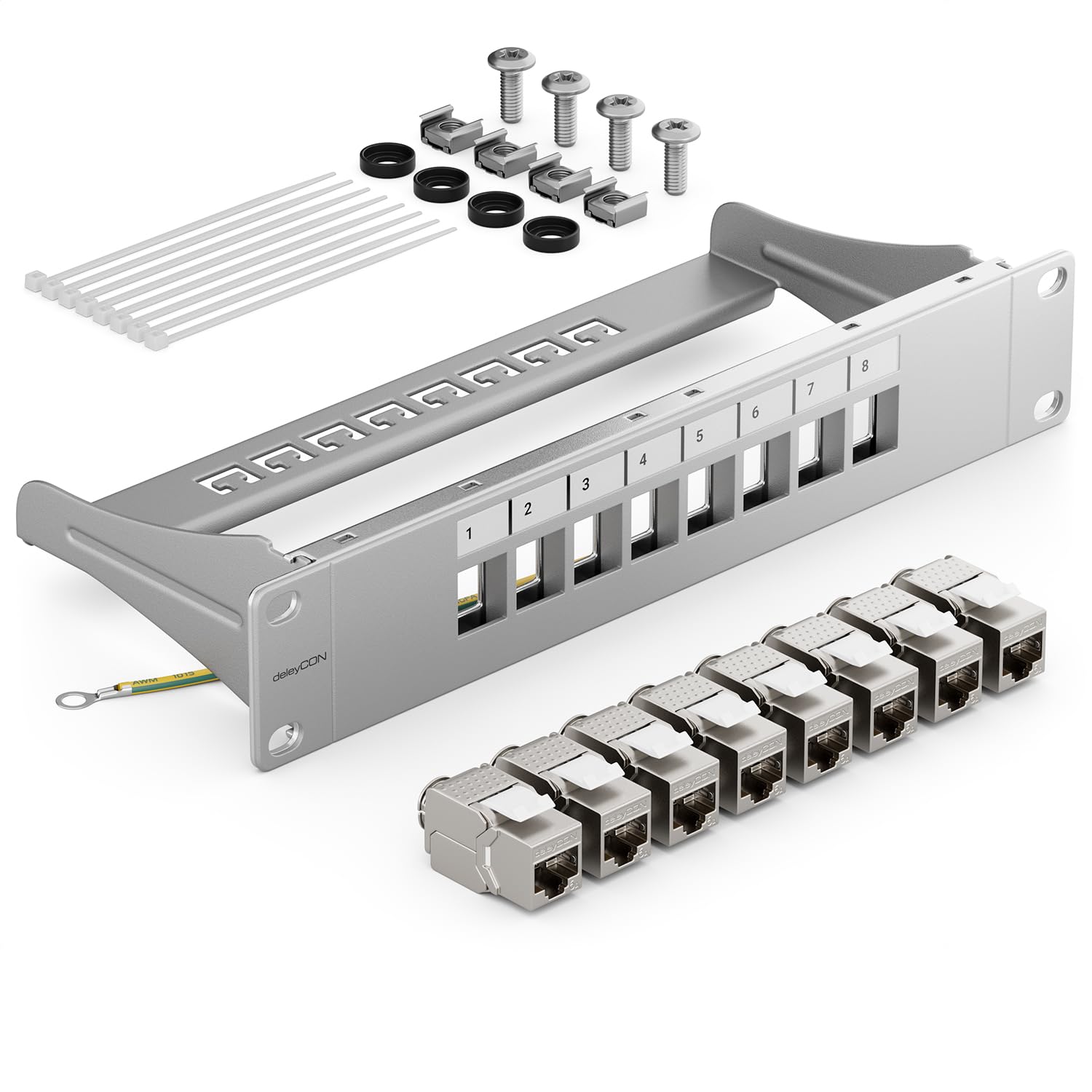 deleyCON Kit de 8 Ports Panneau de Brassage Modulaire 1 U 10" Installation en Rack + 8x Modules Keystone RJ45 CAT6a Compatible avec Câble Réseau LAN CAT5 CAT6 CAT7 Câble D'Installation Gris