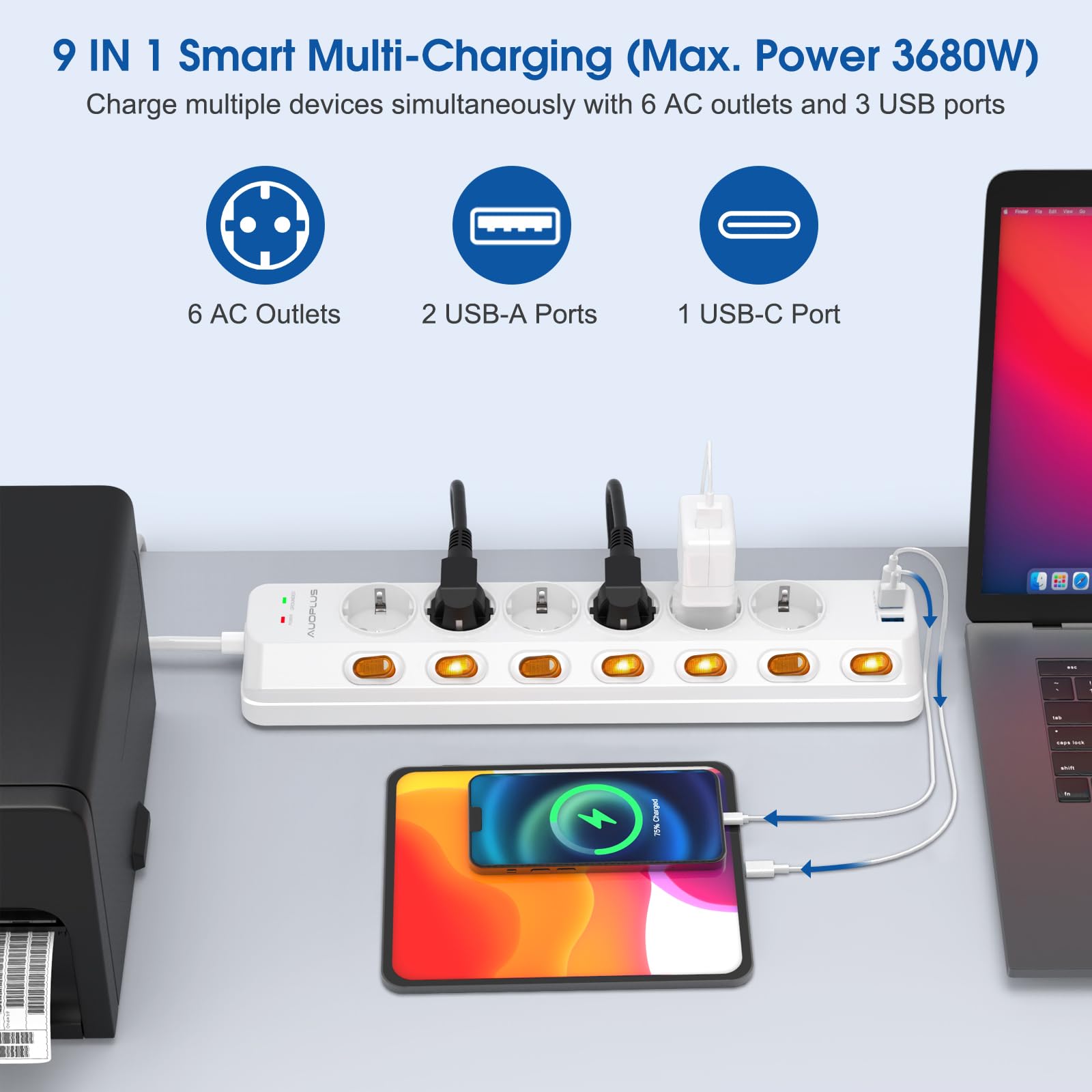 Regleta Enchufes con USB,Regletas Enchufes de 6 Tomas Corrientes,2 Puertos | USB-A y 1 USB-C(PD 20W),Enchufe Multiple 3680W/16A con interruptores individuales y Protección Infantil,Cable de 3M,Blanco