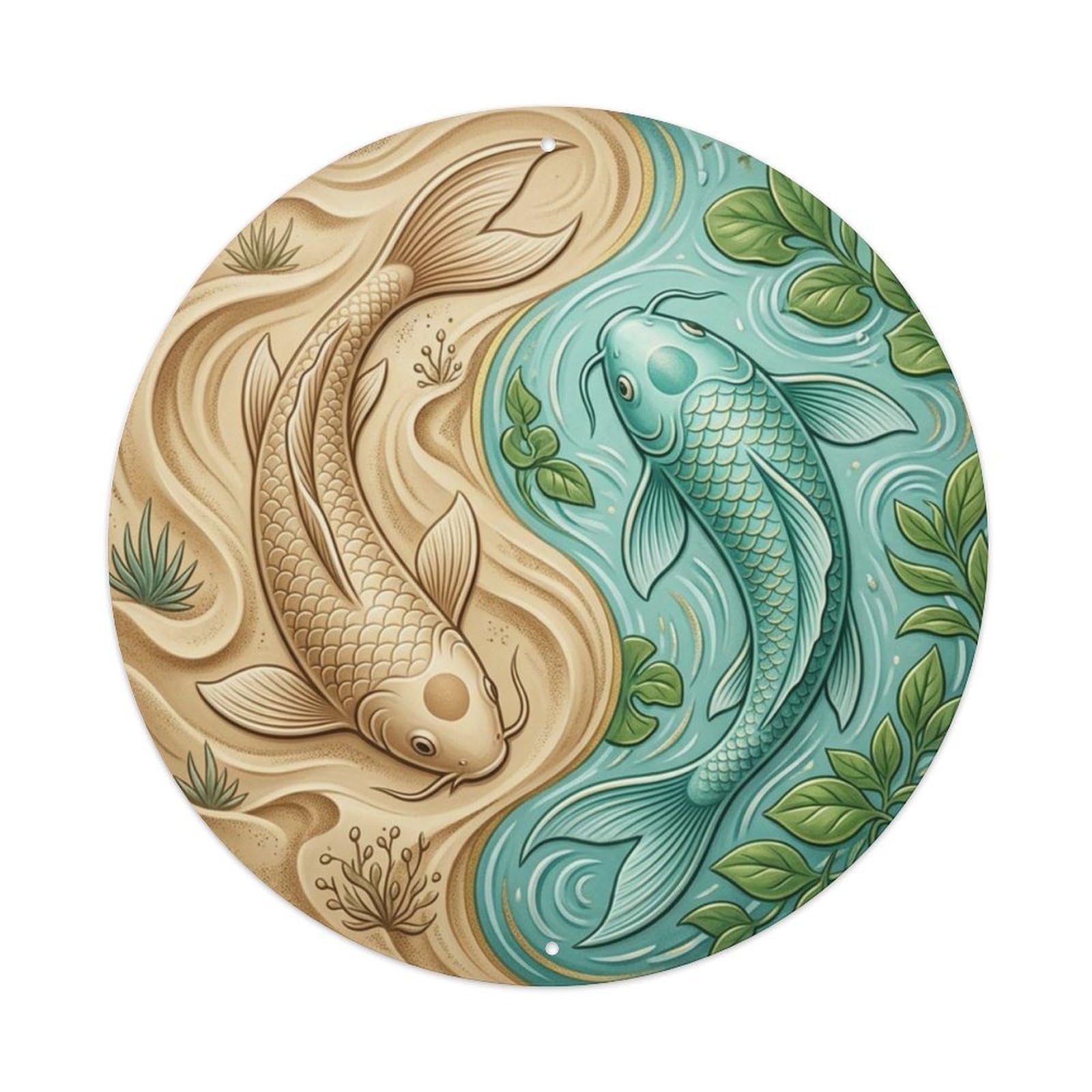 Fqcyn Style Desert Oasis Survival Koi Yin Yang Metal Tin Sign Plaque Wall Decor For Cafe, Club Bar, Office, Home Garden Round Metal Poster 8X8inch
