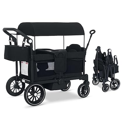Stroller Wagon for 2 Kids, Push & Pull Kids Cart with Safety Harnesses, Foldable All-Terrain Stroller with Adjustable Handle, Removable Canopy, Snack Tray, Large Storage Bag, Black