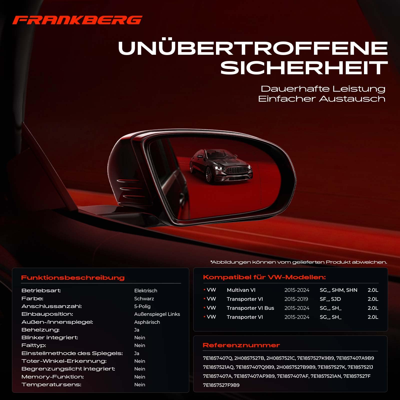 Frankberg Elektrisch Aussenspiegel Außenspiegel Links 5-Polig &-Beheizbar Kompatibel mit M.u.l.t.i.v.a.n VI SGF SGM SGN SHM SHN 2015-2024 Replace# 7E1857521J