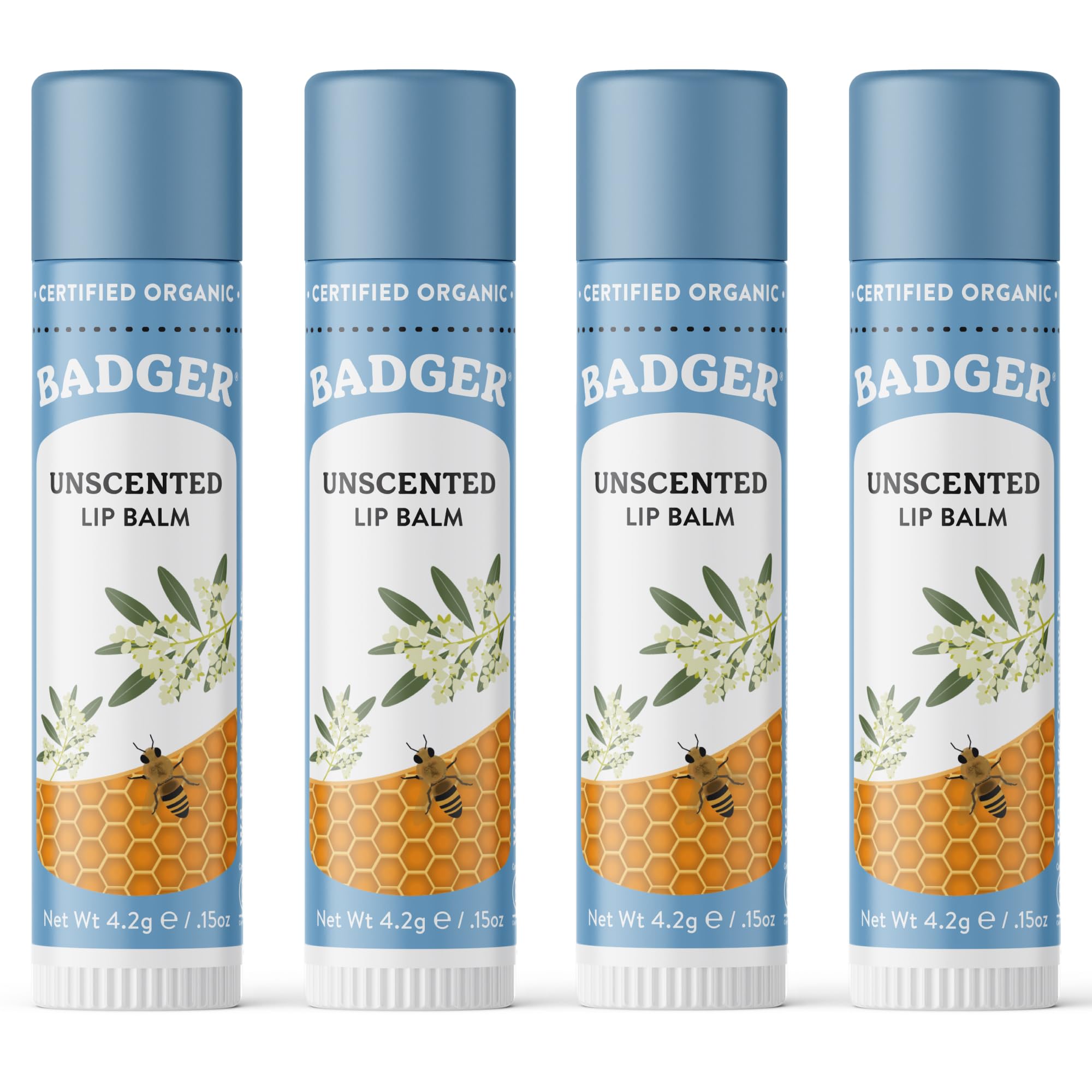 Badger Unscented Classic Organic Lip Balm, Sensitive Lips, 4 Pack
