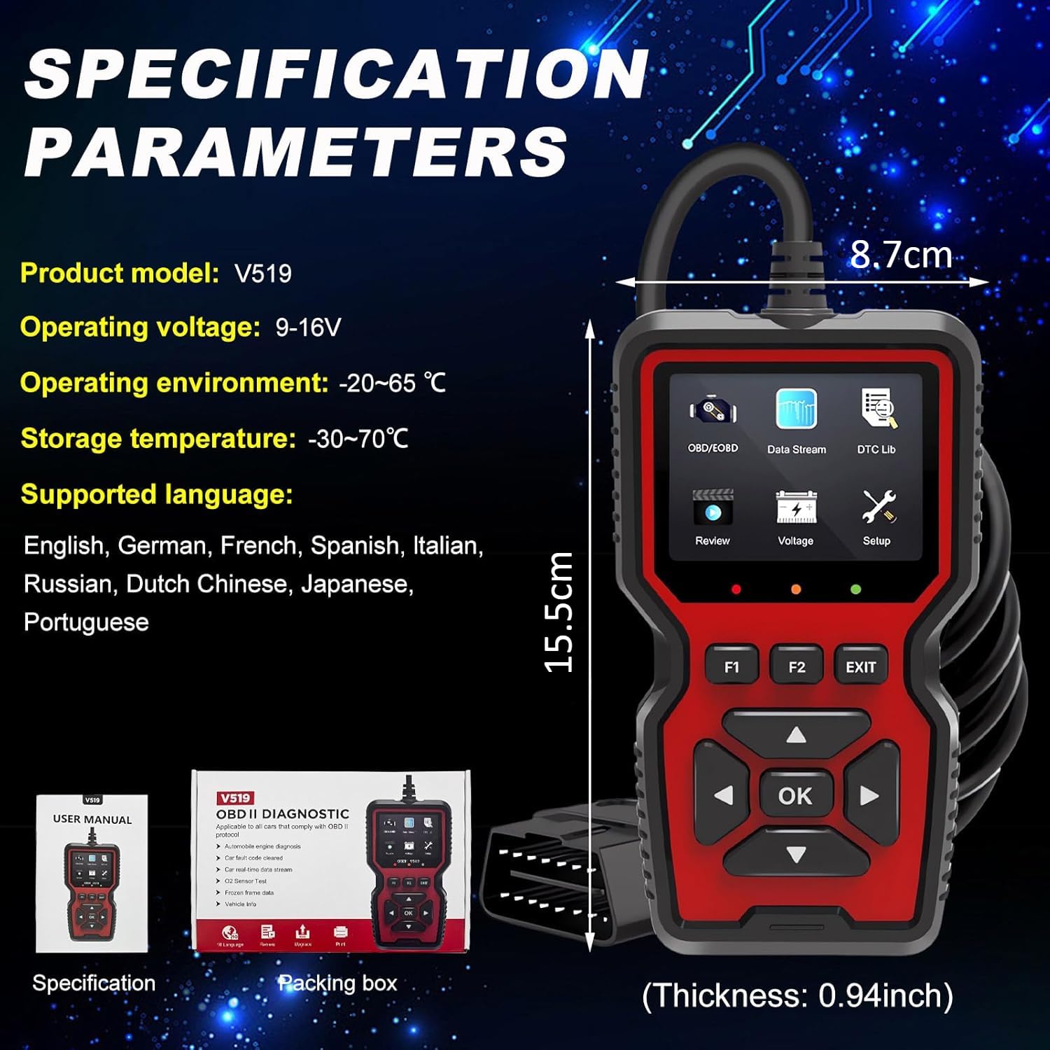 Dispositivo de diagnóstico OBD2, Lector de Errores con Todas Las Funciones OBDII, Universal para Camiones y Coches, 10 Idiomas para después de 2000 Todos los vehículos, Lector de código de Error