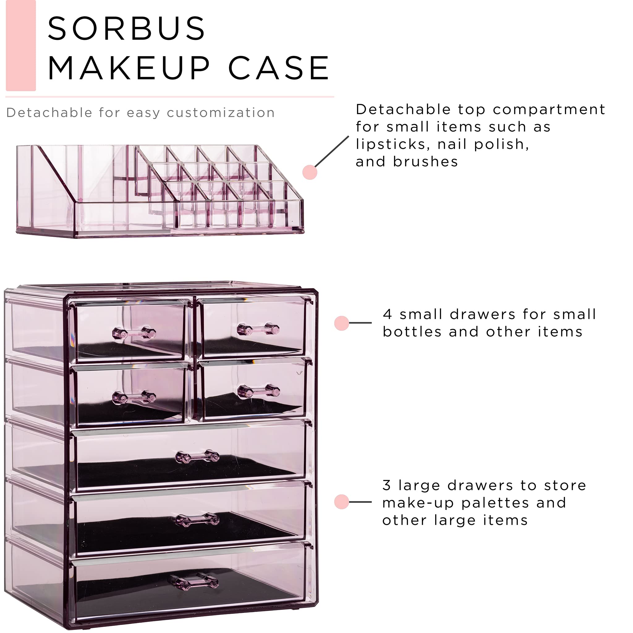 Sorbus Caja de almacenamiento de acrílico para cosméticos y joyas, diseño espacioso, ideal para cuarto de baño, tocador, tocador y encimera