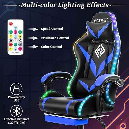 Miniatura 3 de HOFFREE - Silla para juegos con luces LED RGB, silla de video juego con masaje, reposapiés, respaldo alto ergonómico y reclinable, silla de