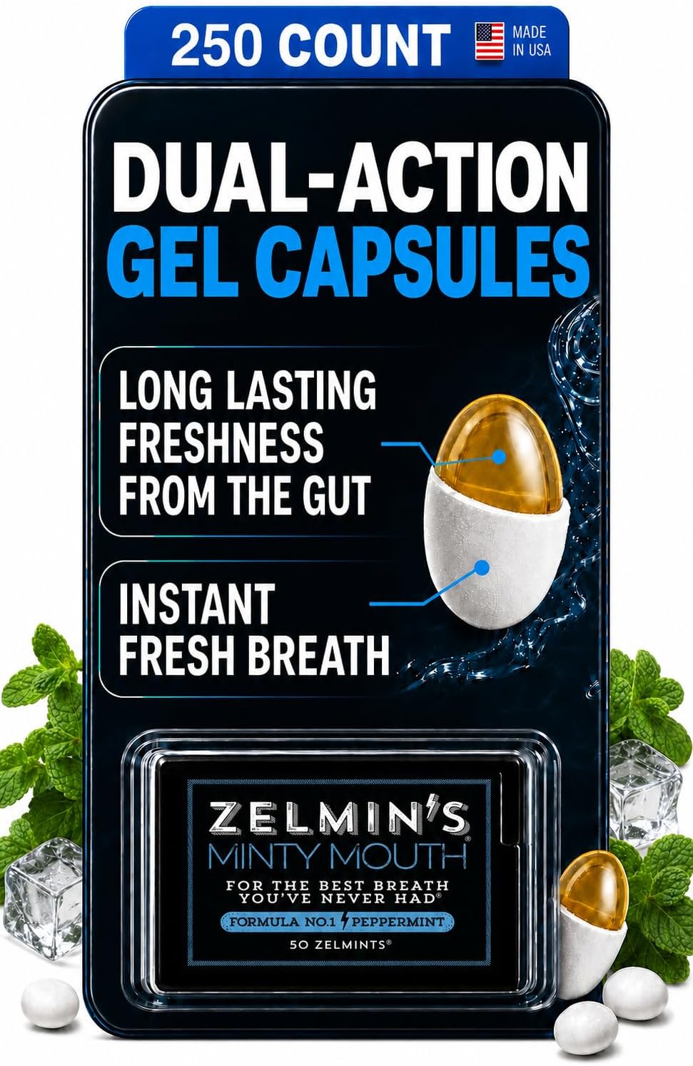 Zelmin's Breath Mints – Parsley Seed Oil Capsules, Peppermint 5 Pack | Dual Action Halitosis & Bad Breath Treatment - Garlic, Onion & Coffee Breath - Helps Dry Mouth - Keto, Gluten-Free, 250 Ct