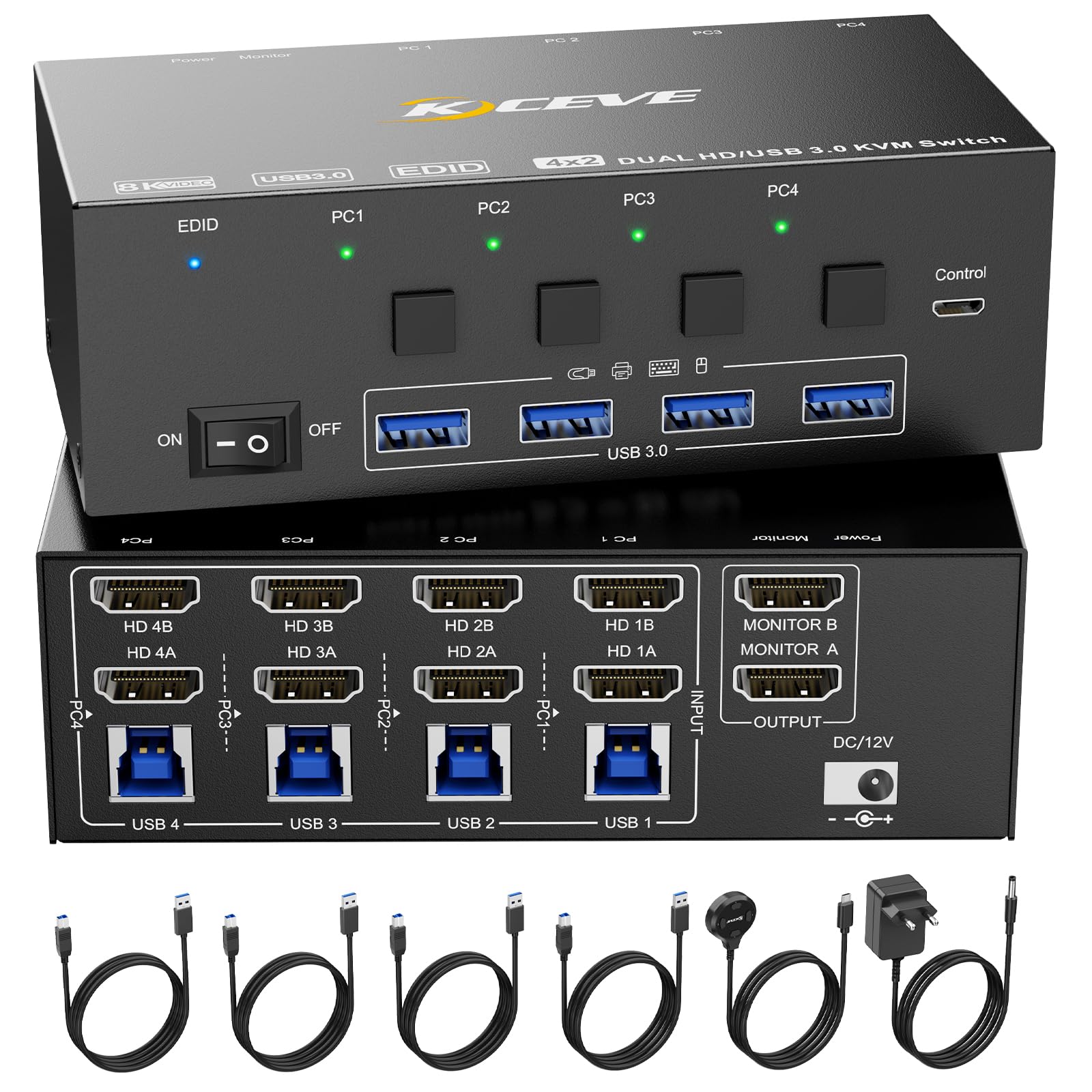 KVM Switch 4 Computer 2 Monitore, KCEVE 8K@60Hz, 4K@144 Hz USB 3.0 HDMI KVM-Umschalter mit EDID-Emulator für 4PC Share Maus Tastatur und Monitor, stabiler Chip, hohe Kompatibilität