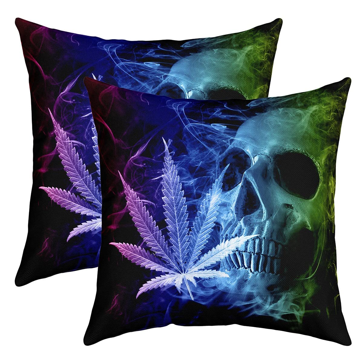 Marijuana Weed Leaf Throw Pillow Covers 22"x22" Set of 2 Soft Sugar Skull Pillow Cases Cushion Covers For Living Room Bedroom Skull Print Blue Grey Decorative Throw Pillowcases for Sofa Chair โ image 1