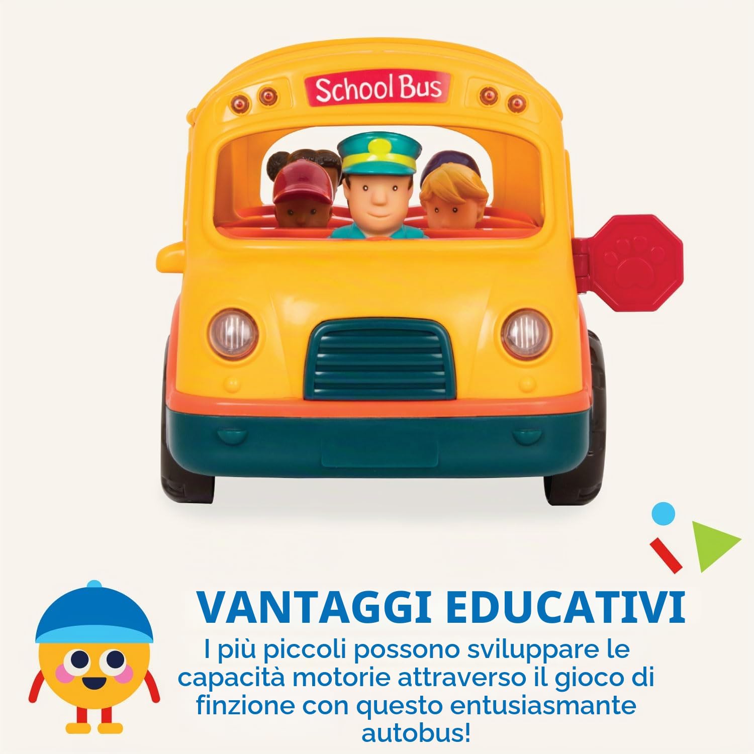Battat - Scuolabus Luminoso e sonoro - Scuolabus Giallo Luminoso - 5 Figure Giocattolo - Suoni realistici - Segnale di Stop Pieghevole - 18 Mesi +
