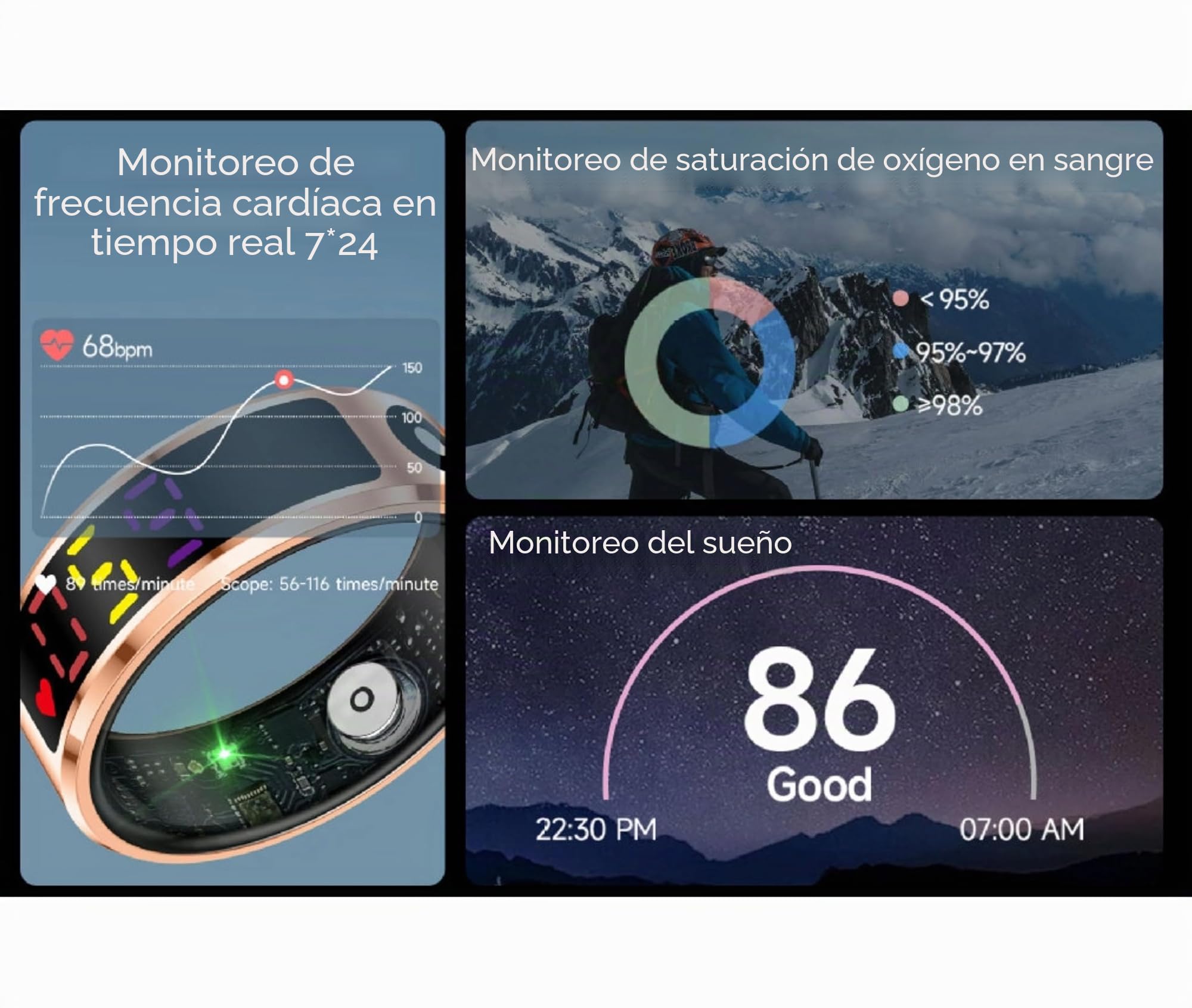 Smart Ring Health Tracker, Touch Control Fitness Anillo con Pantalla de Visualización de Color, Anillo de Salud Inteligente de Acero Inoxidable IP68 para Monitoreo del Sueño de la (#8) (#9) (#10)
