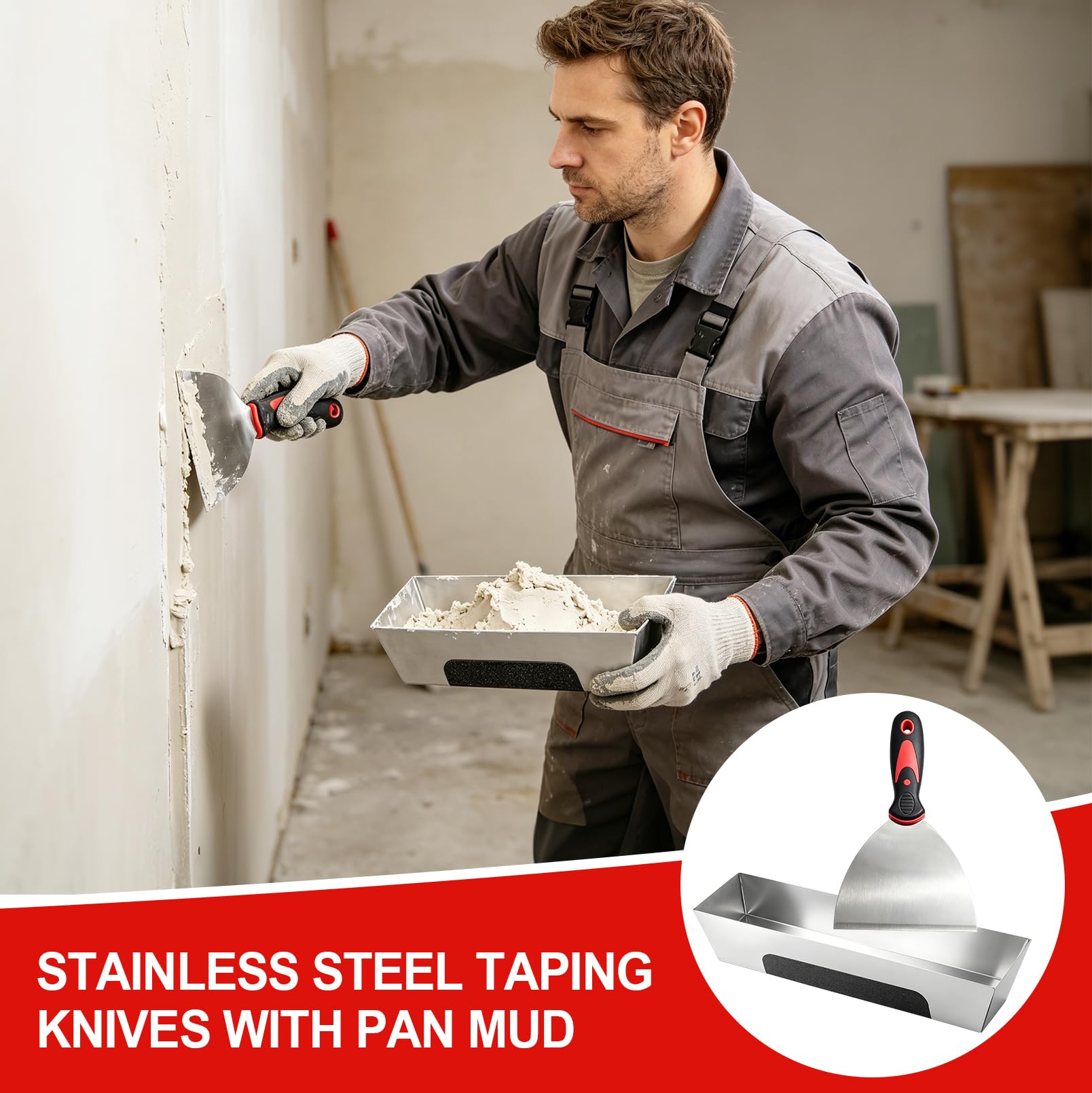 6 Piezas Set para Alisado de Drywall, Kit de Espátula de Alisado de 50 cm con Rodillo Alisador, Herramientas de Acero Inoxidable con Mango Telescópico, Para el Enlucido de Techos y Paredes