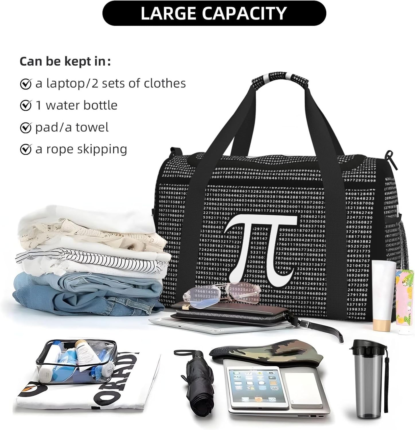 &pi;円周率 100万桁 ボストンバッグ 旅行バッグ ジムバック スポーツバッグ 3way シューズ収納