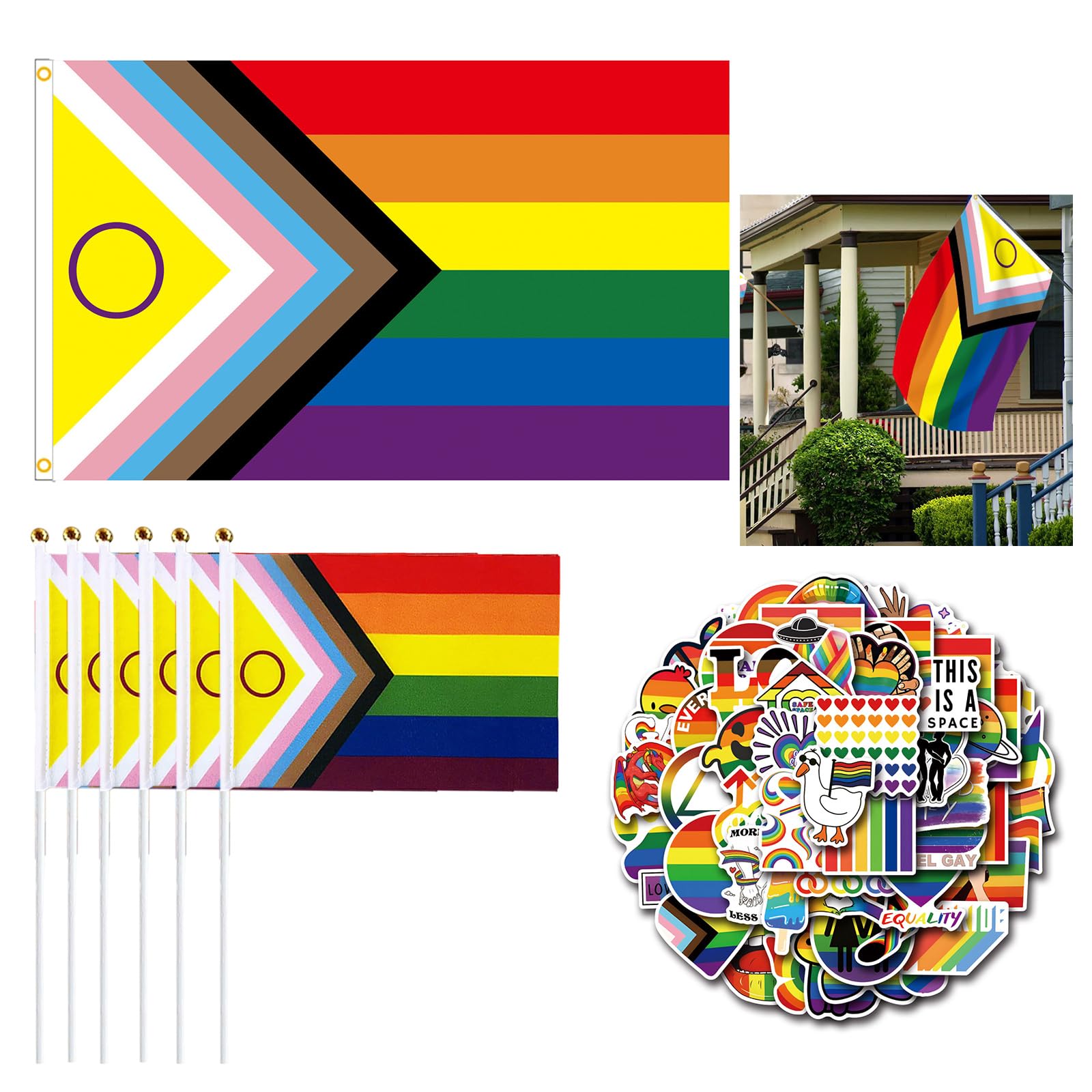 Set di Adesivi e Bandiera Rainbow per Orgoglio LGBTQ, 1 Bandiera Grande, 6 Piccole Bandierine e 55 Adesivi, Decorazioni per Feste e Celebrazioni