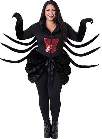 Black Widow Costume for Women Plus Size Velvet Bodysuit with Bustle Skirt, Spider Legs, Red Hourglass