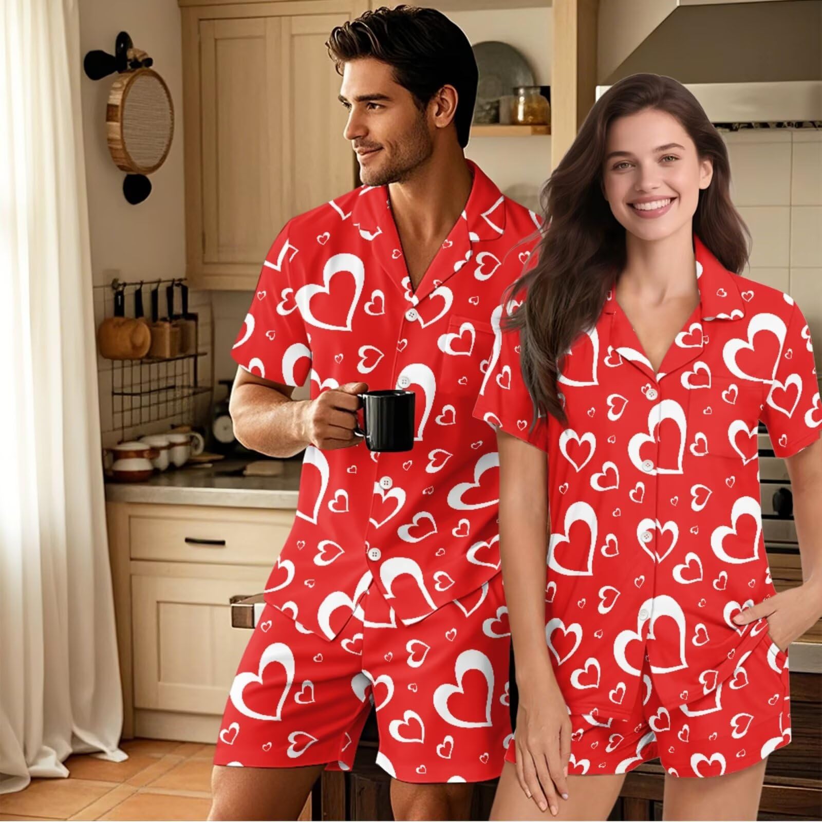 Conjunto de pijama a juego para parejas, de manga corta, con botones, ropa de dormir, Corazones rojos, 4XL