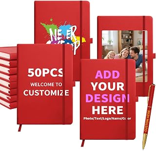 50PCS Custom Notebook and Pen Set Bulk - Personalized A5 Journal Notebooks for Work or School, Add Your Logo/Text for Corporate Gifting & Events, 8.3x5.8, Red