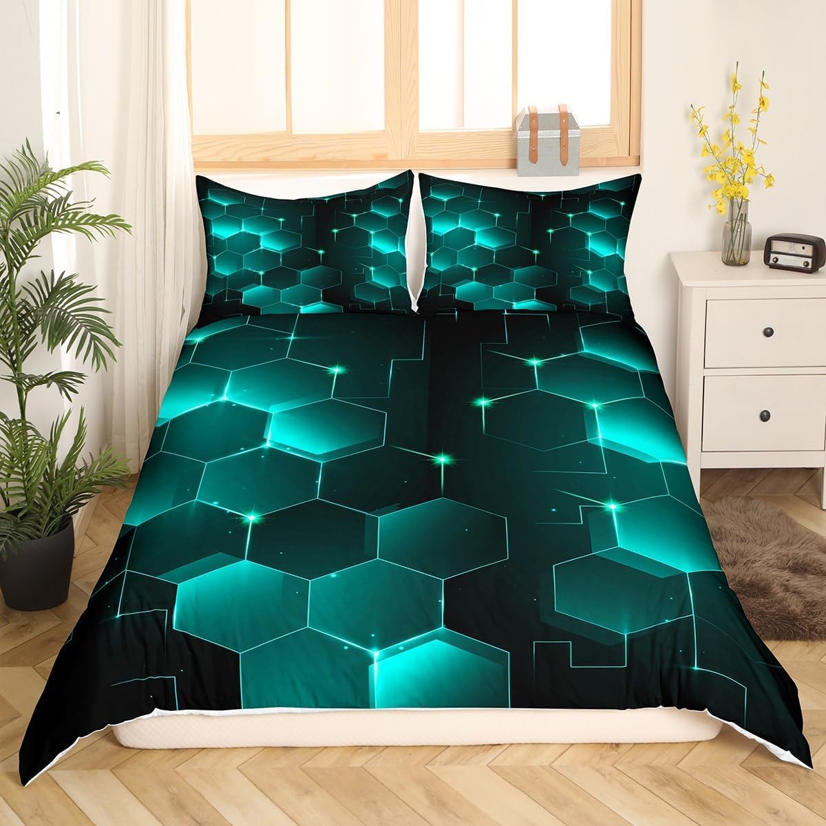 Homemissing Single Black Honeycomb Steel Bedding Set Children's and Preschool Honeycomb Hexagonal Comforter Cover Set Fluorescent Green Duvet Cover Honeycomb Geometric Set Comforter Cover Set Durable - Image 2