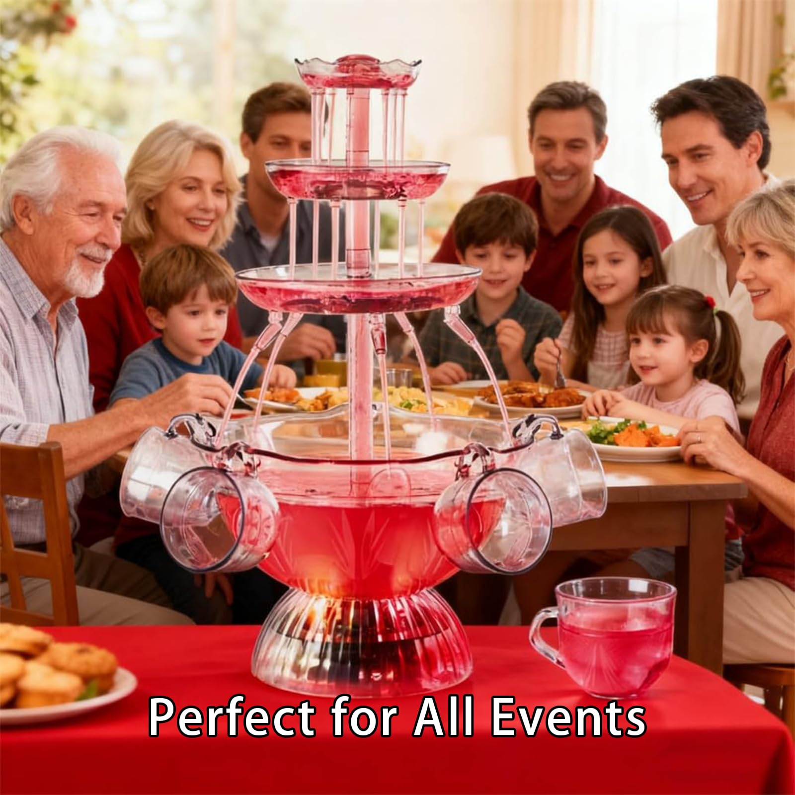 Fuente eléctrica de bebidas de 3 niveles con base LED, dispensador de cóctel y vino tinto, 5 tazas reutilizables para bodas, fiestas, celebraciones, estación de bebidas perfecta