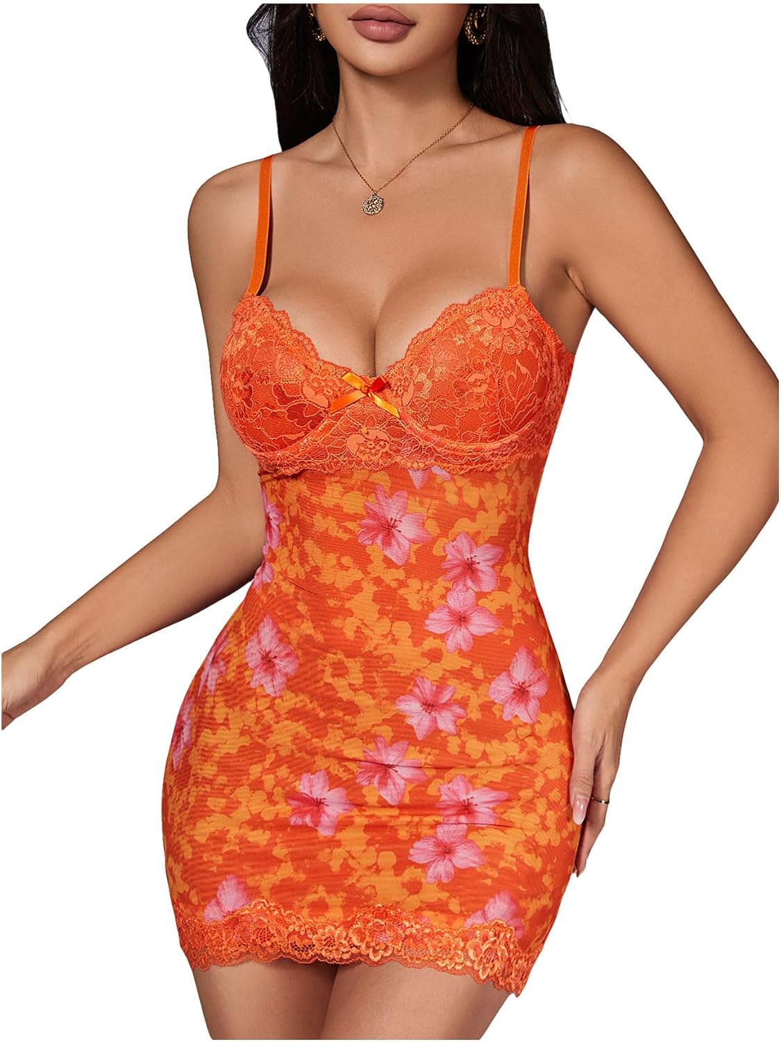 Milumia Women's Floral Contrast Lace Cami Dress Spaghetti Strap Bodycon Mesh Mini Dresses