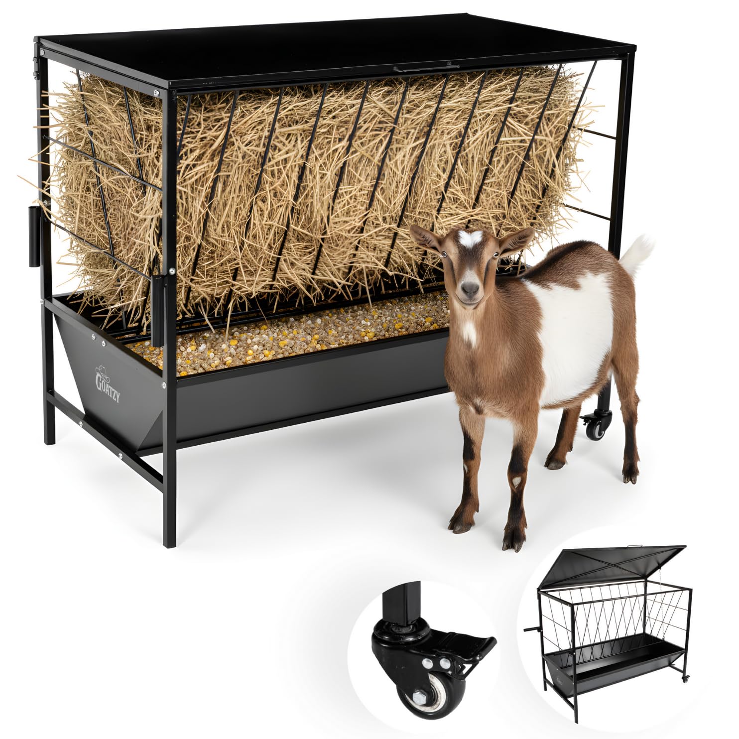 Photo 1 of ***FOR PARTS ONLY/ MISSING PIECES*** GOATZY Hay Feeder for Goats with Roof & Wheels, 2 in 1 Goat Feeder Trough 50 Gallon Hay Rack & 20 Gallon Grain, Galvanized Steel Livestock Feeder Horse Hay Feeder Sheep Cattle, Goat Large Feeder Black