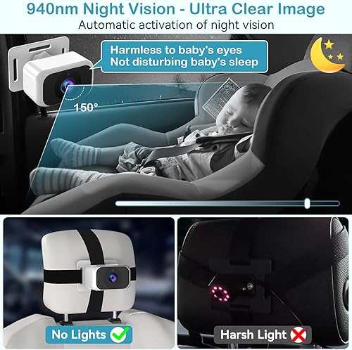 Miniatura 3 de Baby Car Camera for 2-Kids: 7 Inch IPS Display with Dual Carseat Cameras, Split Screen, Night Vision, HD 1080P - USB Powered Easy Install Rear