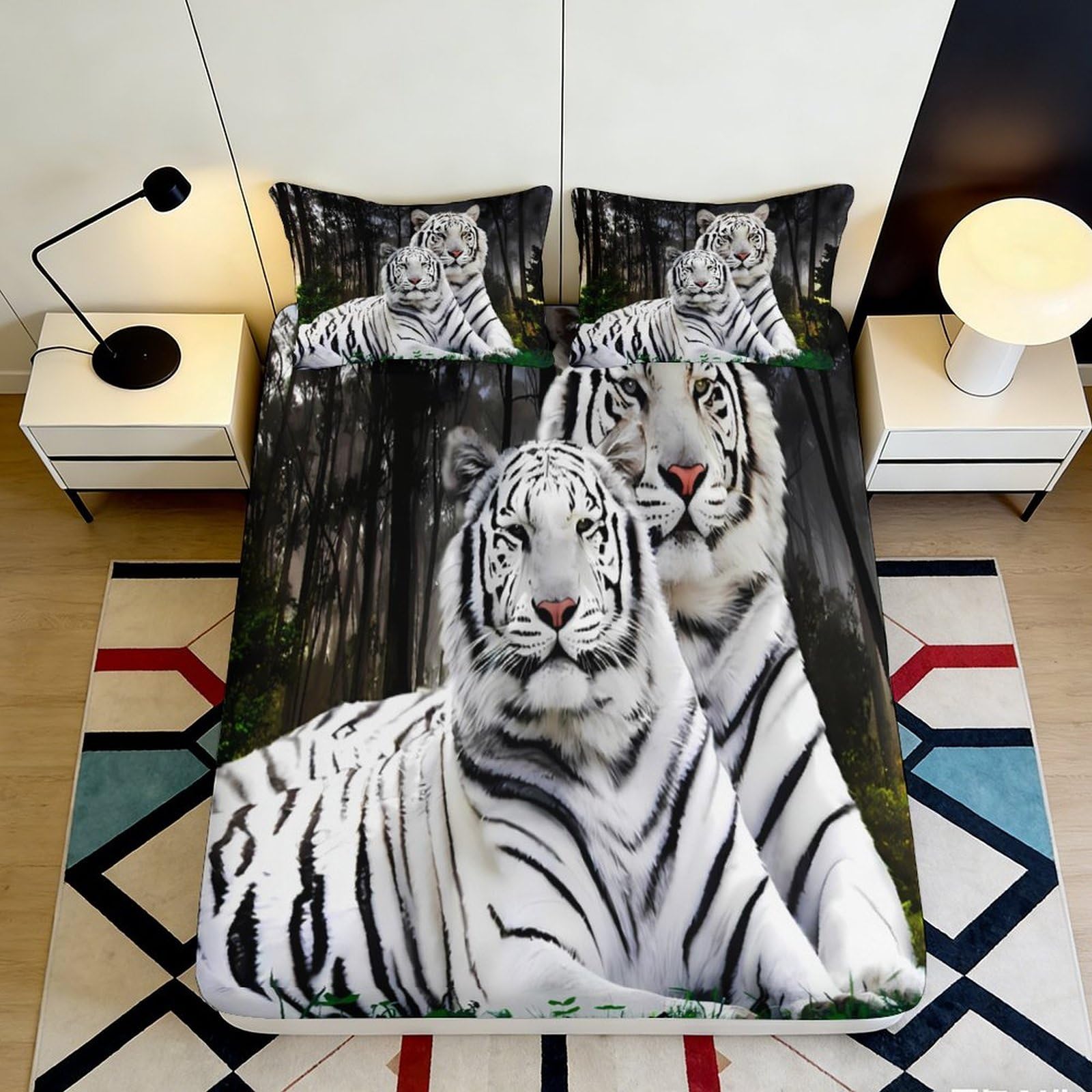 3D Printed White Tiger Fitted Sheet Microfiber Non-Slip Deep Pocket Forest Tiger Mattress Fitted Cover Washable Bedroom Bedding 140x200x25cm