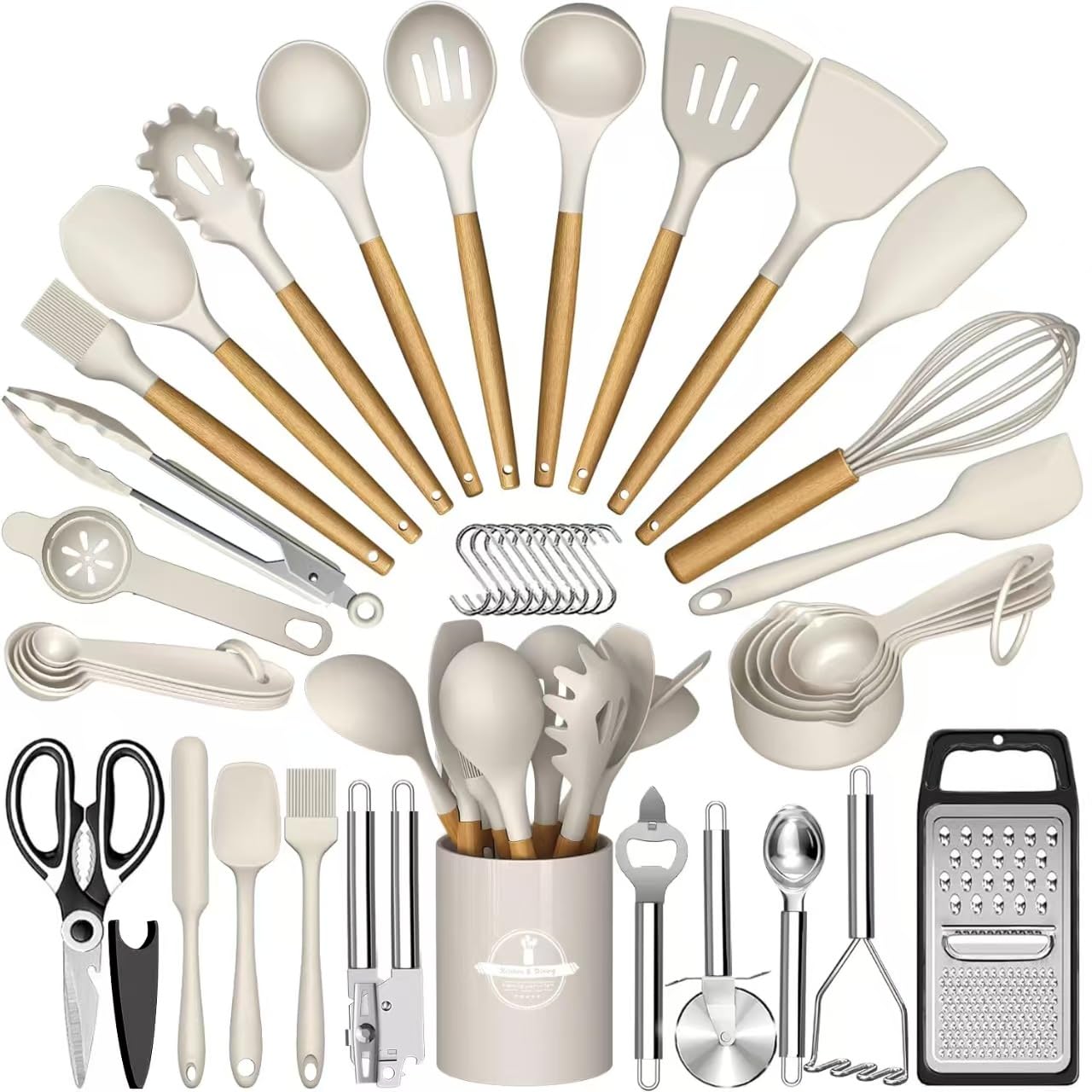 Kitchen Utensils Set,Vegoran 44PCS Silicone Cooking Utensils Set for Nonstick Cookware,446? Heat Resistance Silicone Spatulas Set, Wooden Handles Kitchen Gadgets Tools Set (Khaki)