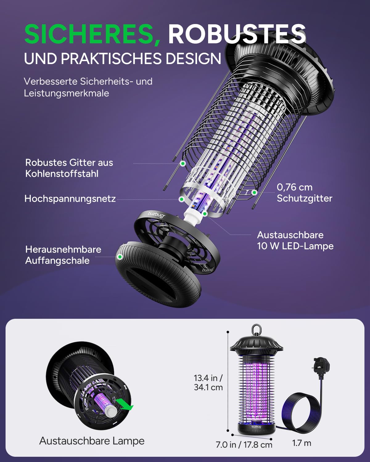 Buzbug LED Insektenvernichter elektrisch innen & außen, bis zu 50.000 Std., Dual-Band-Anziehung, 1,7 m Netzkabel, Hochspannung Fliegenfalle elektrisch & Mückenlampe, Insektenlampe, MO-008C